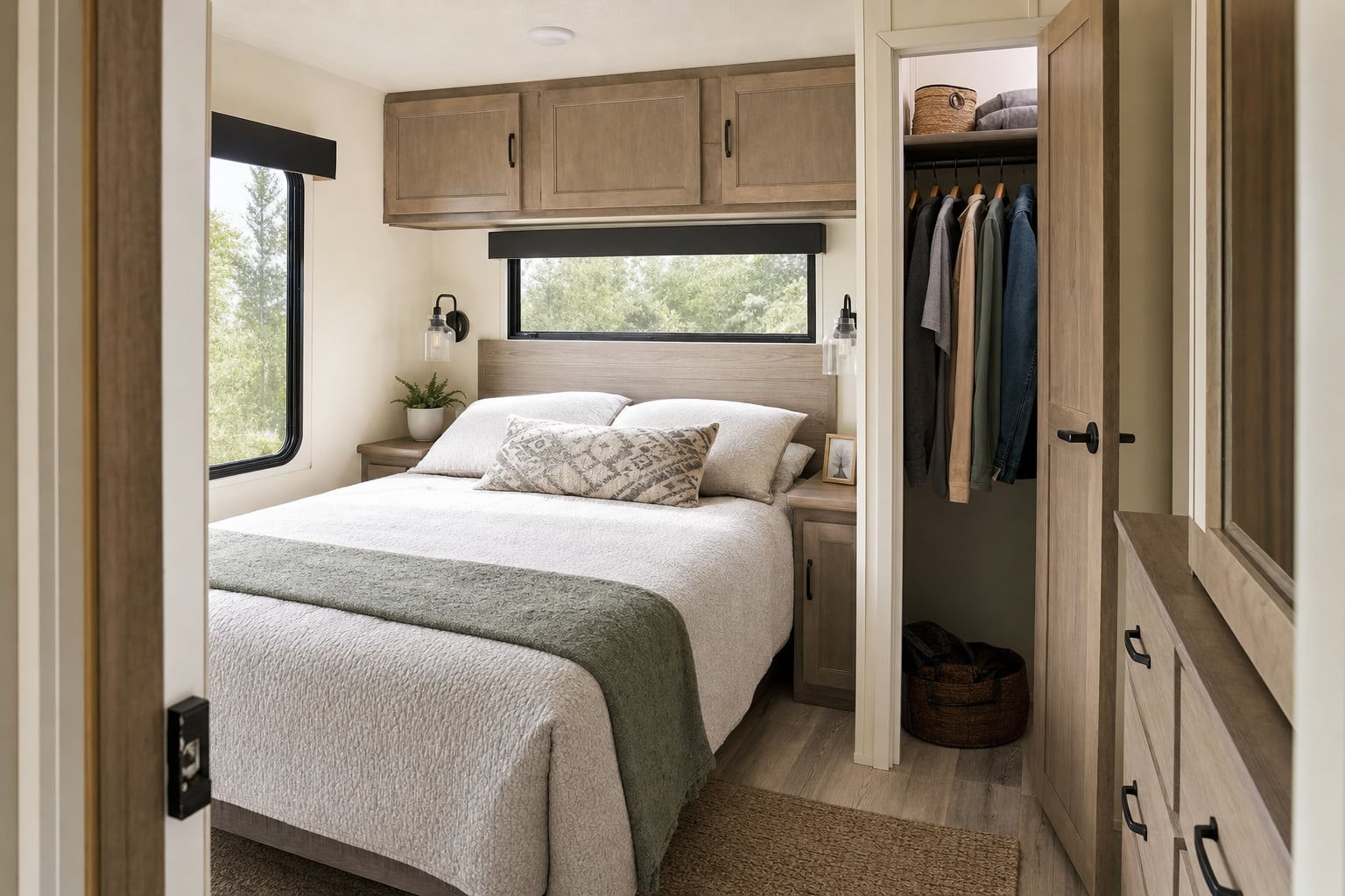 Compact park model bedroom with bed clearance, storage and an open closet