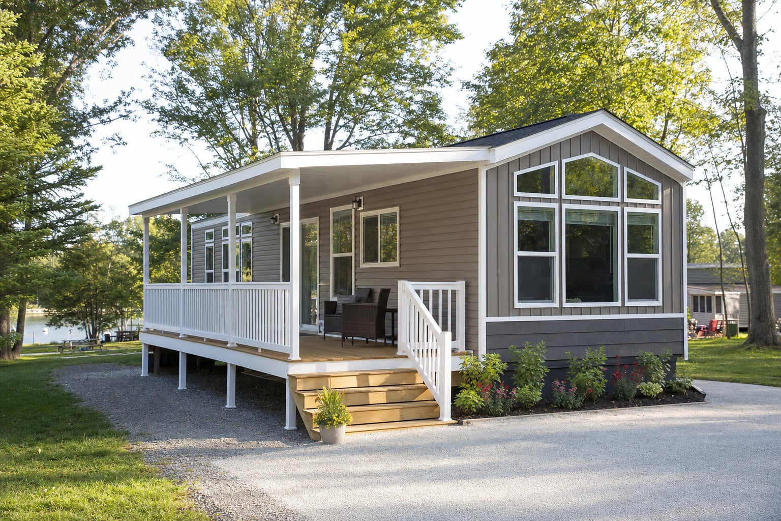 Park model home with a covered porch in a leafy seasonal community