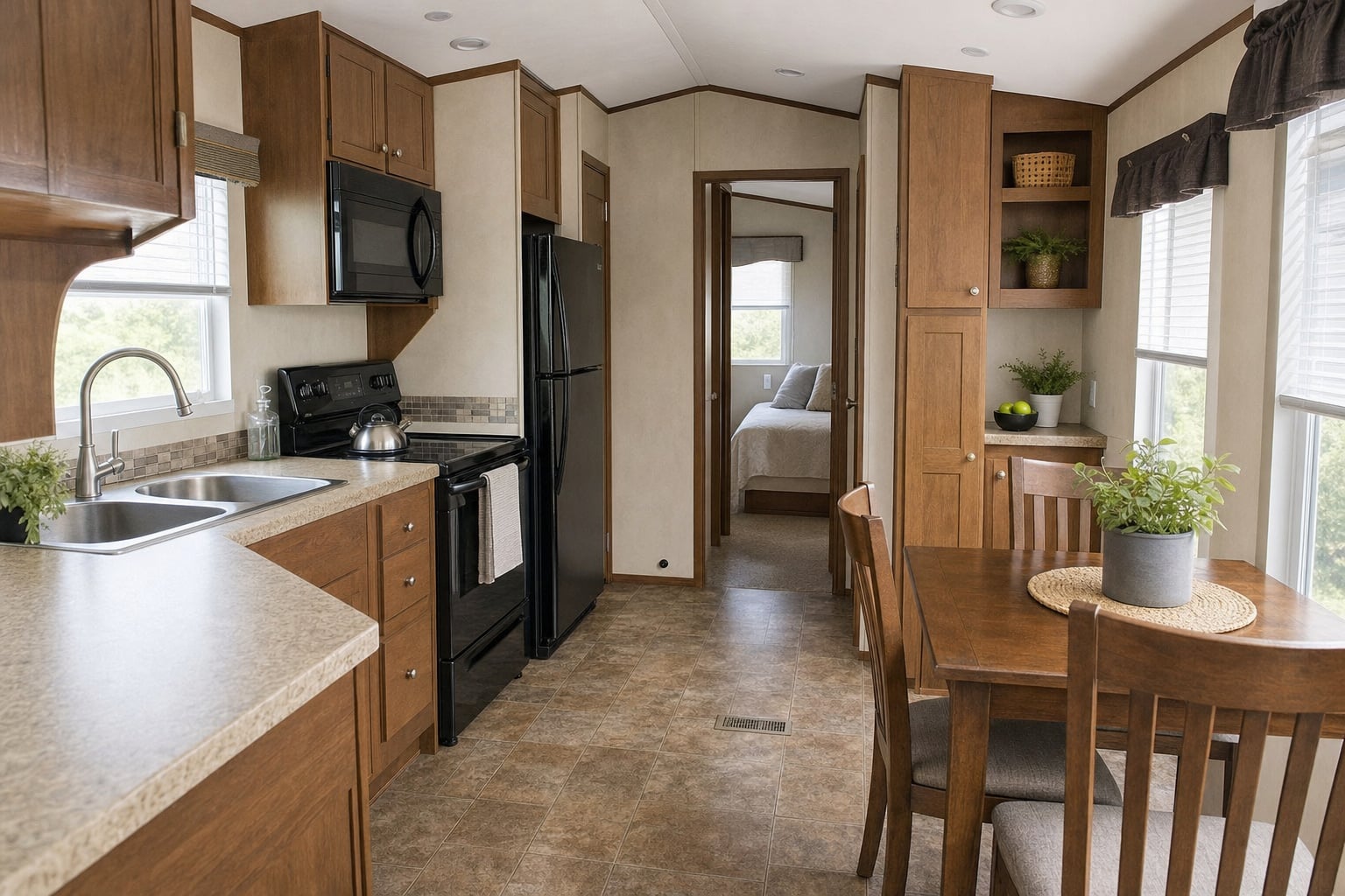 Park model kitchen and dining area with clear walking space and useful storage