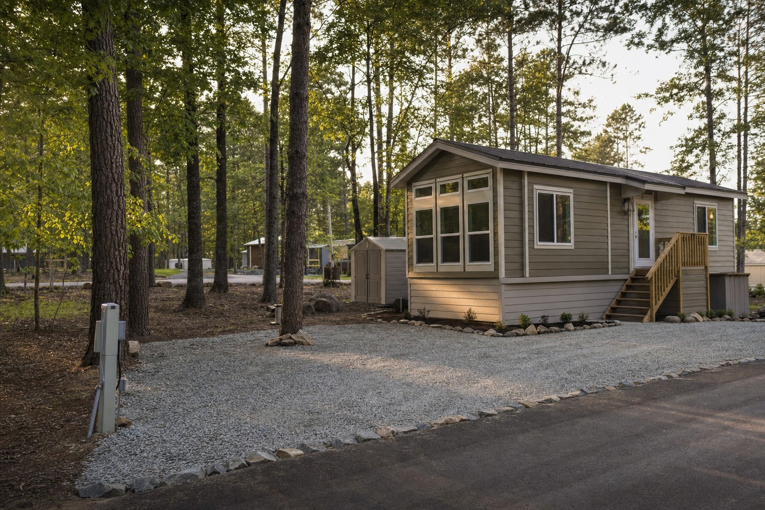Park model beside a prepared gravel site in a wooded seasonal community