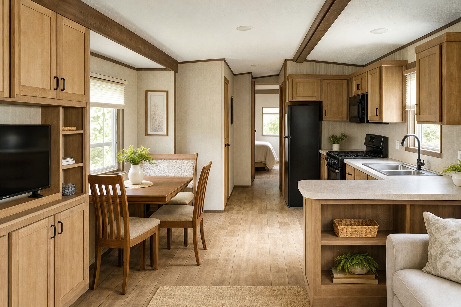 Functional park model kitchen, dining nook and built-in storage