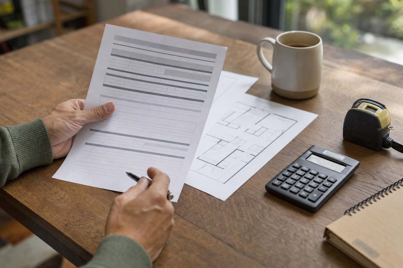Shopper reviewing an itemized home quote, calculator and floor plan