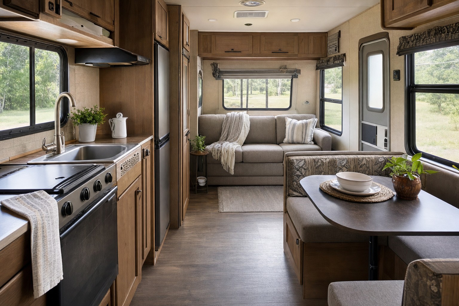 Compact RV-style interior with a kitchen, dining nook and living area