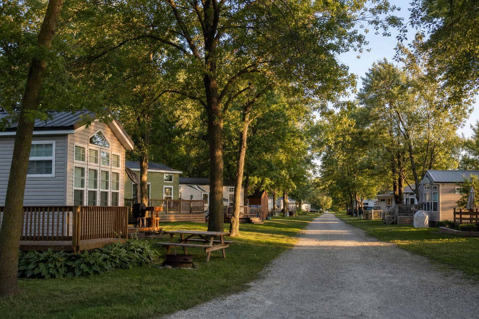 Park model homes in a tree-lined seasonal community