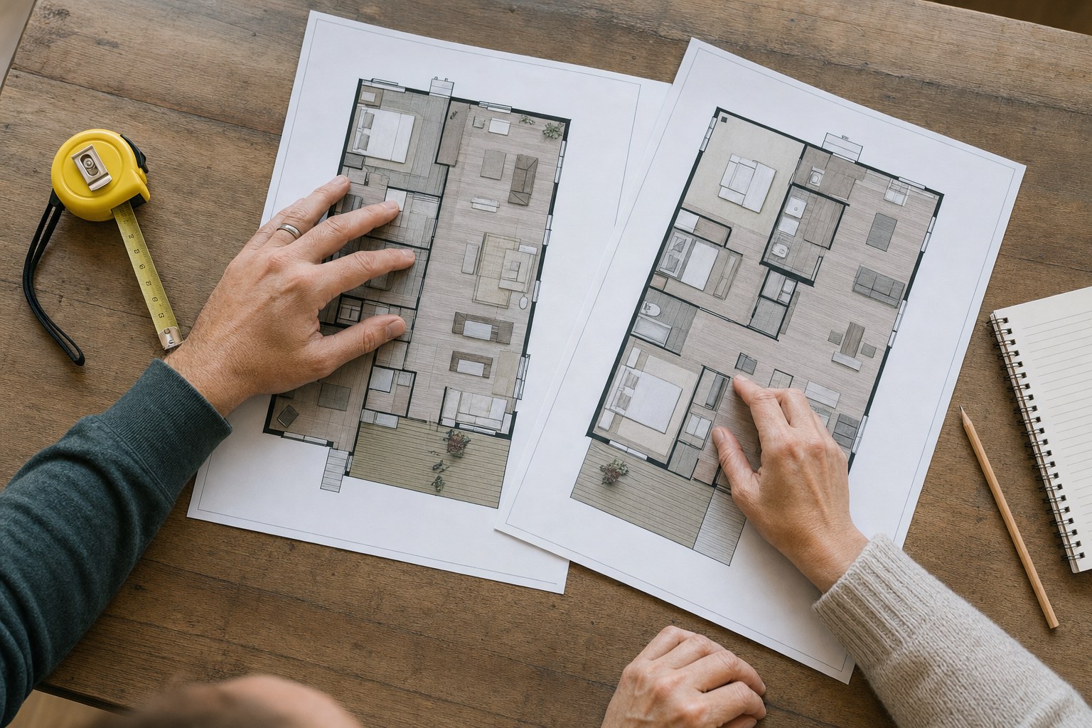 Shoppers comparing two park model floor plans at a wooden table