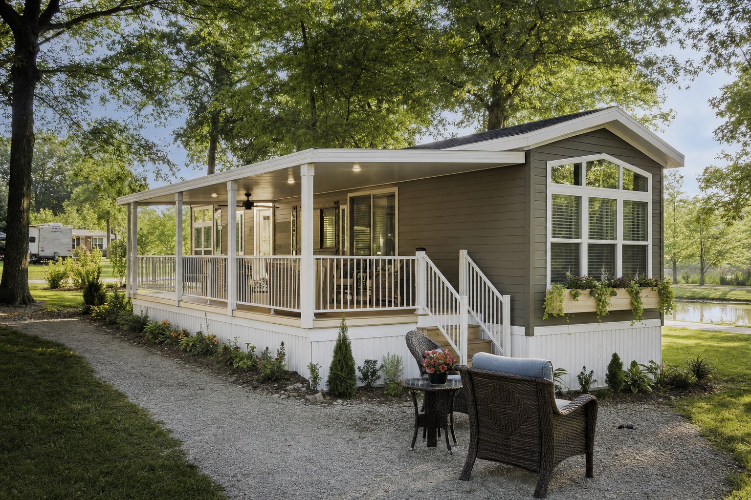 Park model home with a covered porch at a wooded seasonal campground