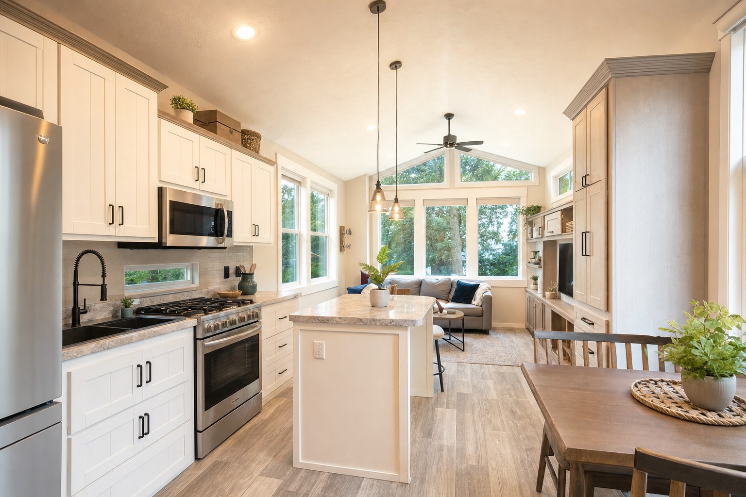 Bright compact park model kitchen and living space with practical storage