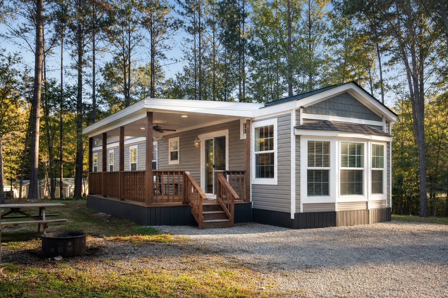 Two-bedroom park model at a wooded seasonal campground