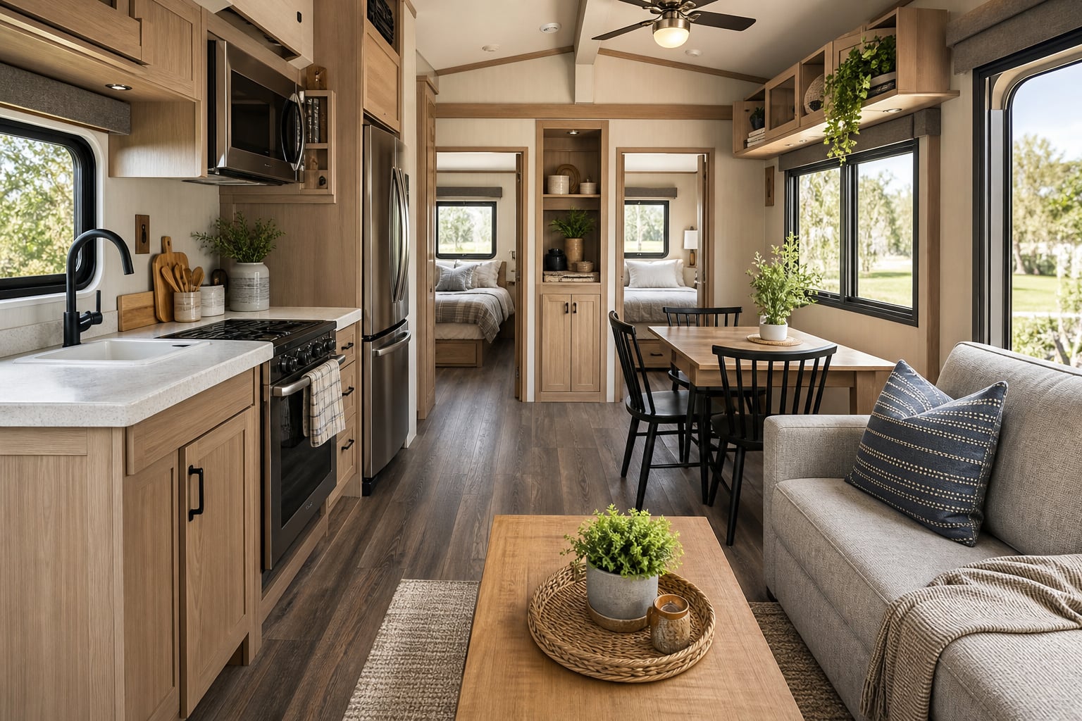 Two-bedroom park model interior with kitchen, dining space and clear paths