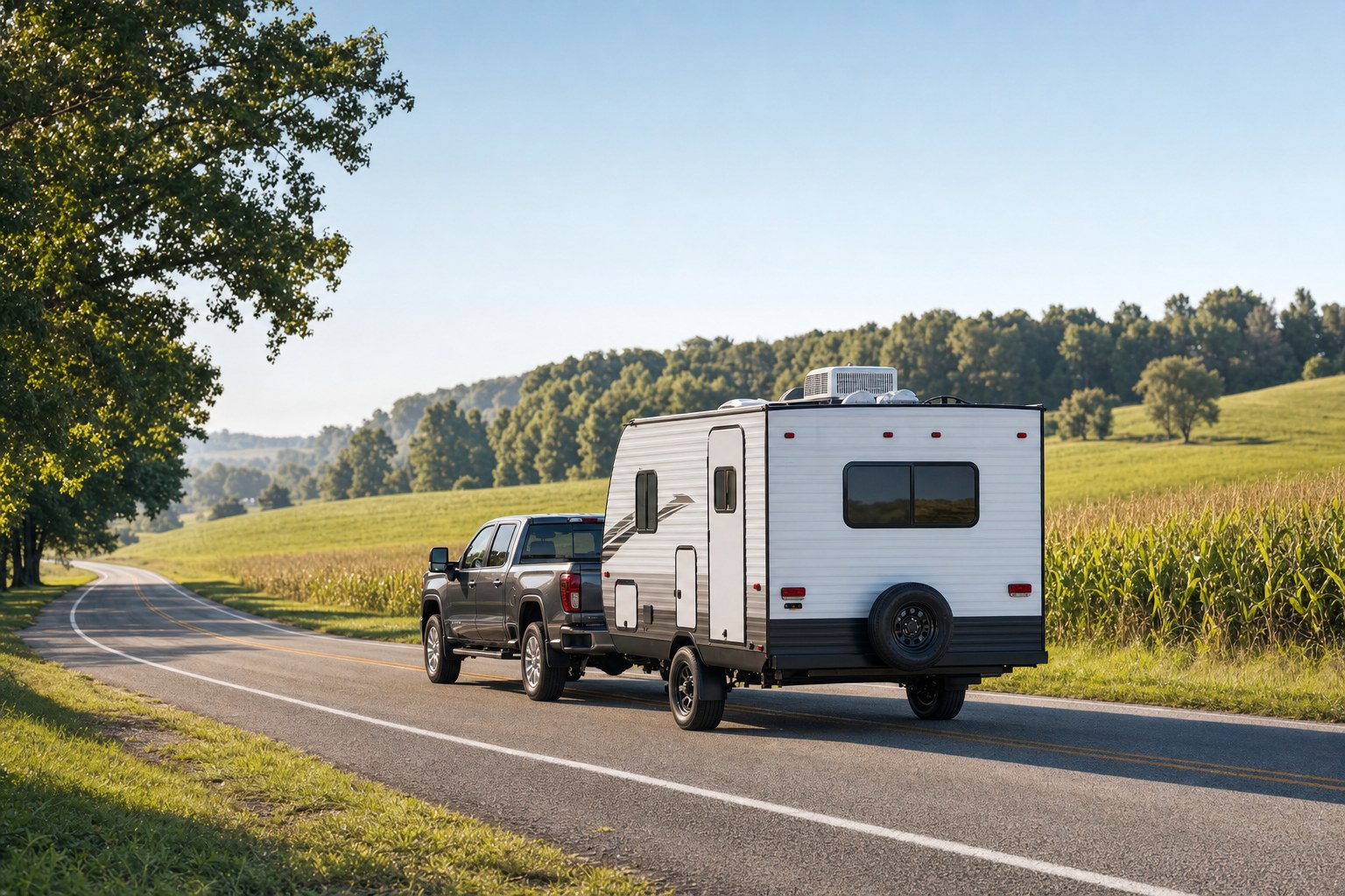 Travel trailer on an Indiana road