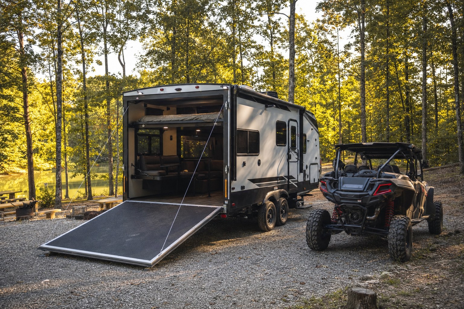 Toy hauler with its rear ramp open at a wooded campsite
