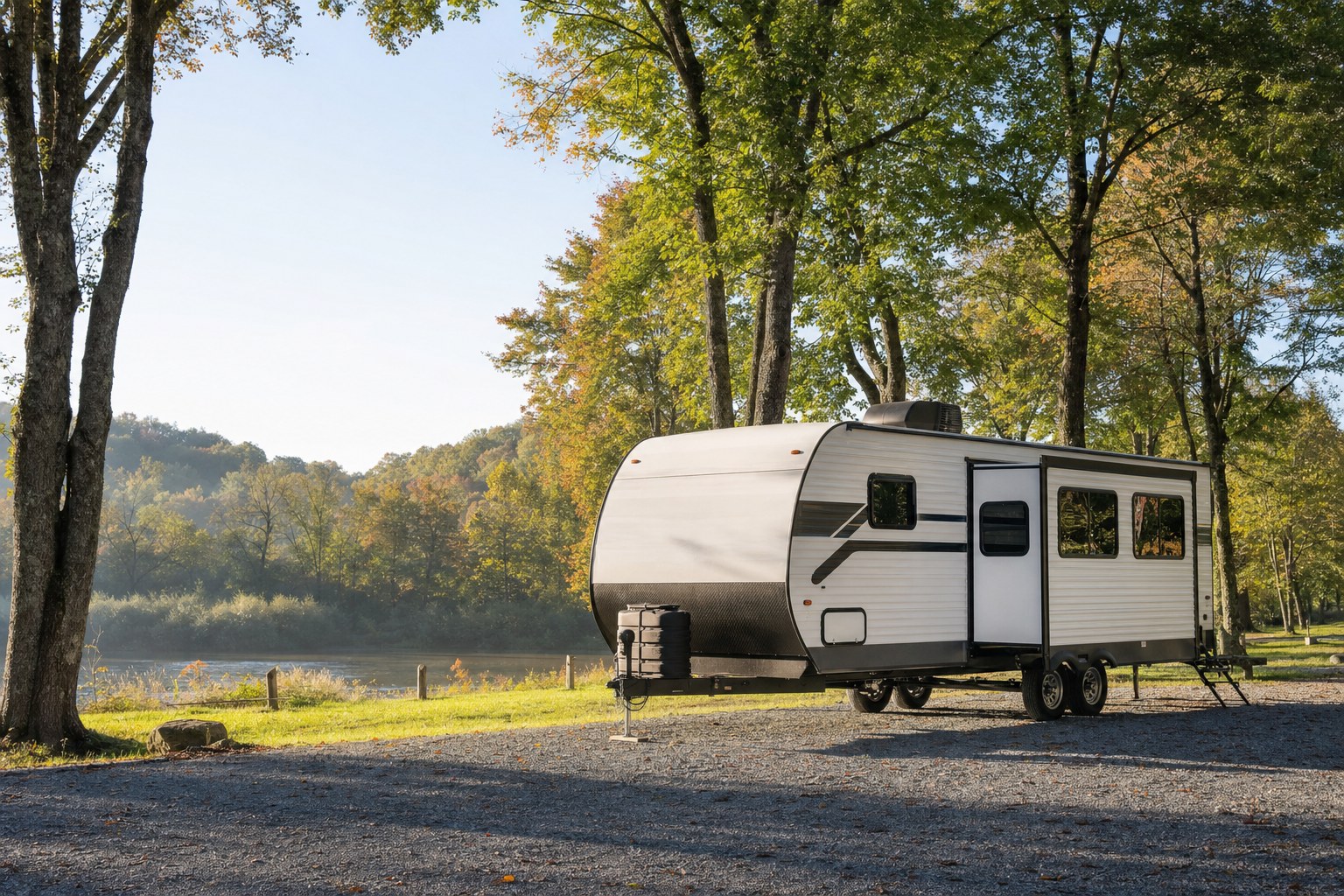 Travel trailer at a wooded campground