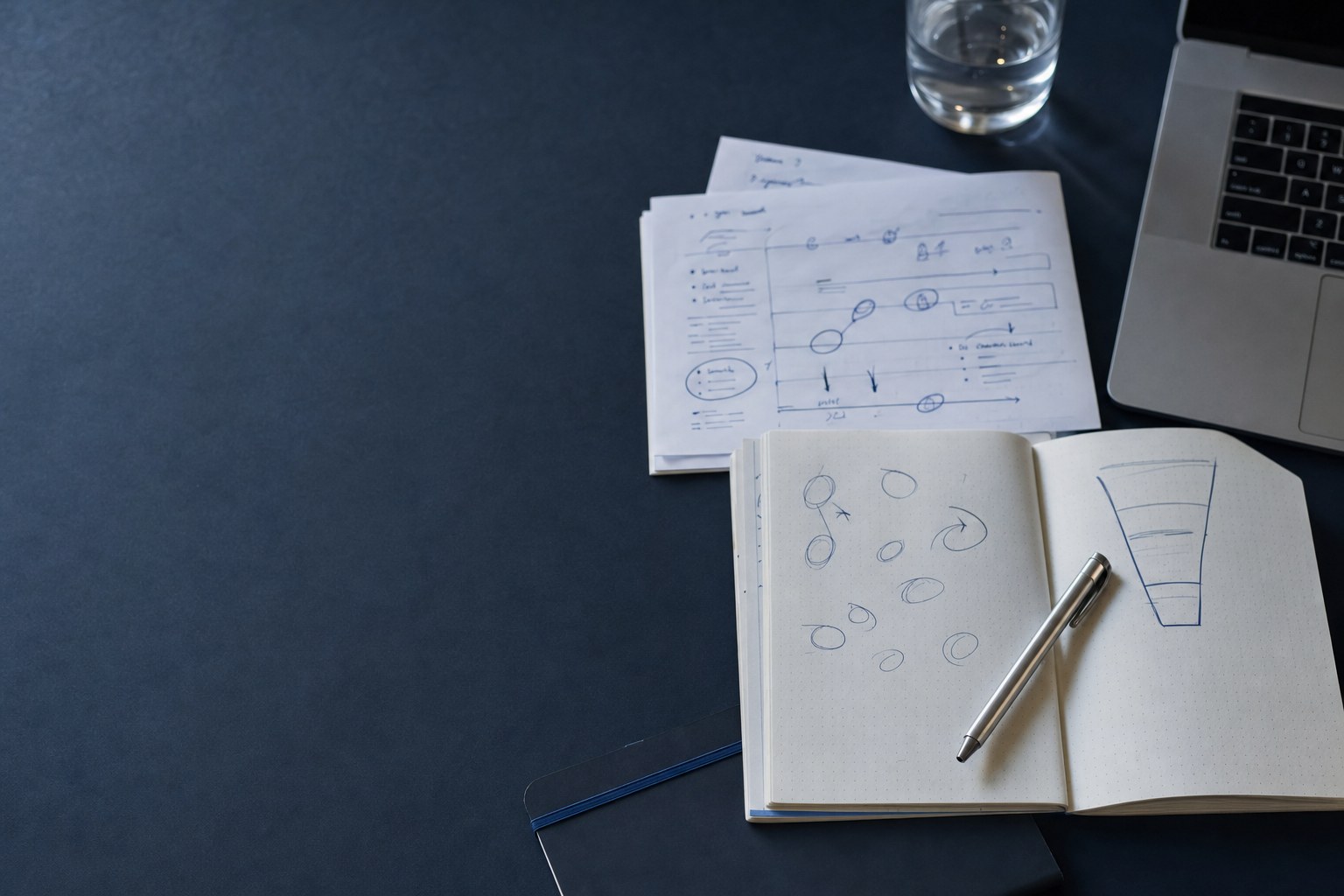 An analytical desk with hand-drawn sales-process notes and a notebook