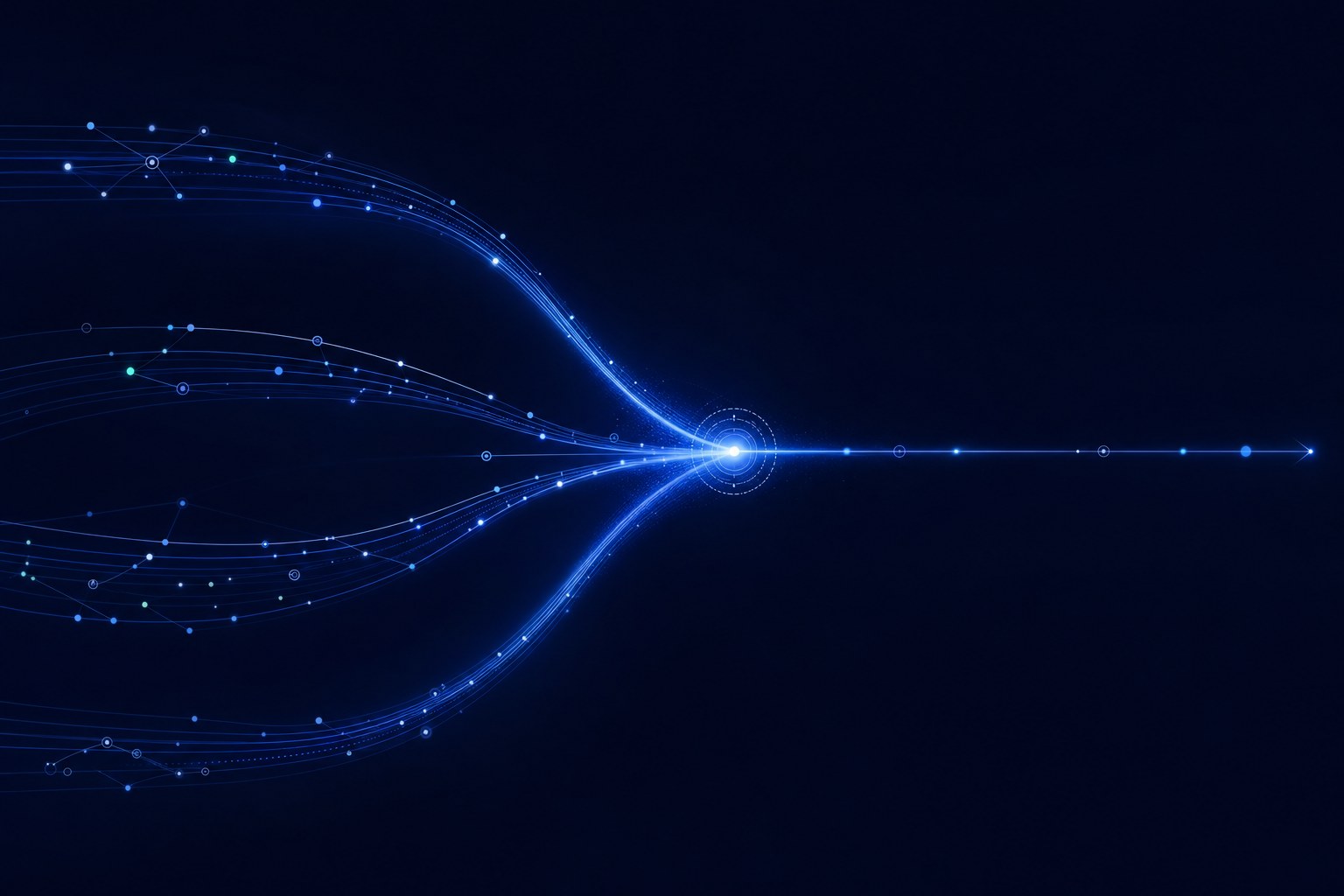 Abstract blue workflow streams converging into one clear decision point