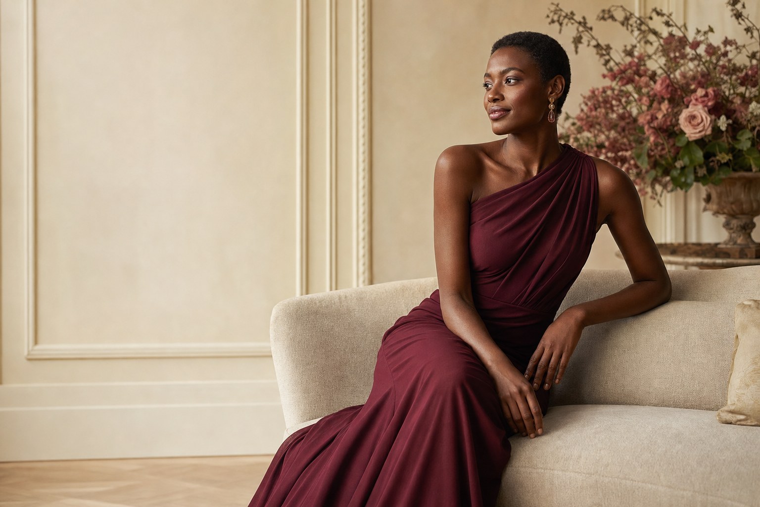 Woman in a burgundy evening gown seated in an ivory room