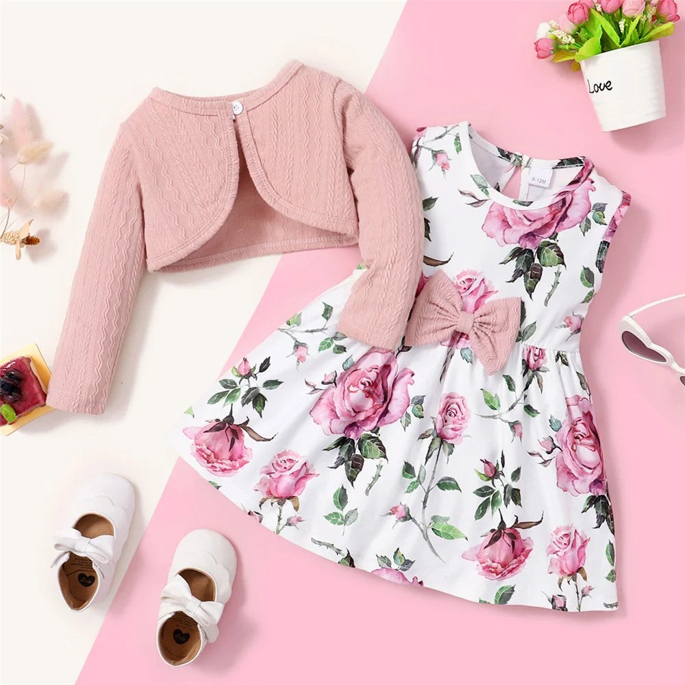 Baby girl's ribbed cardigan and floral dress set
