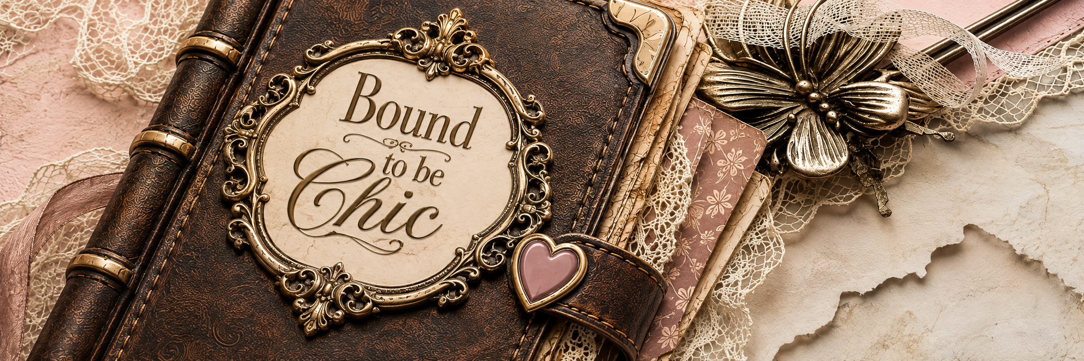 BoundToBeChic banner featuring an ornate journal and vintage papercraft tools