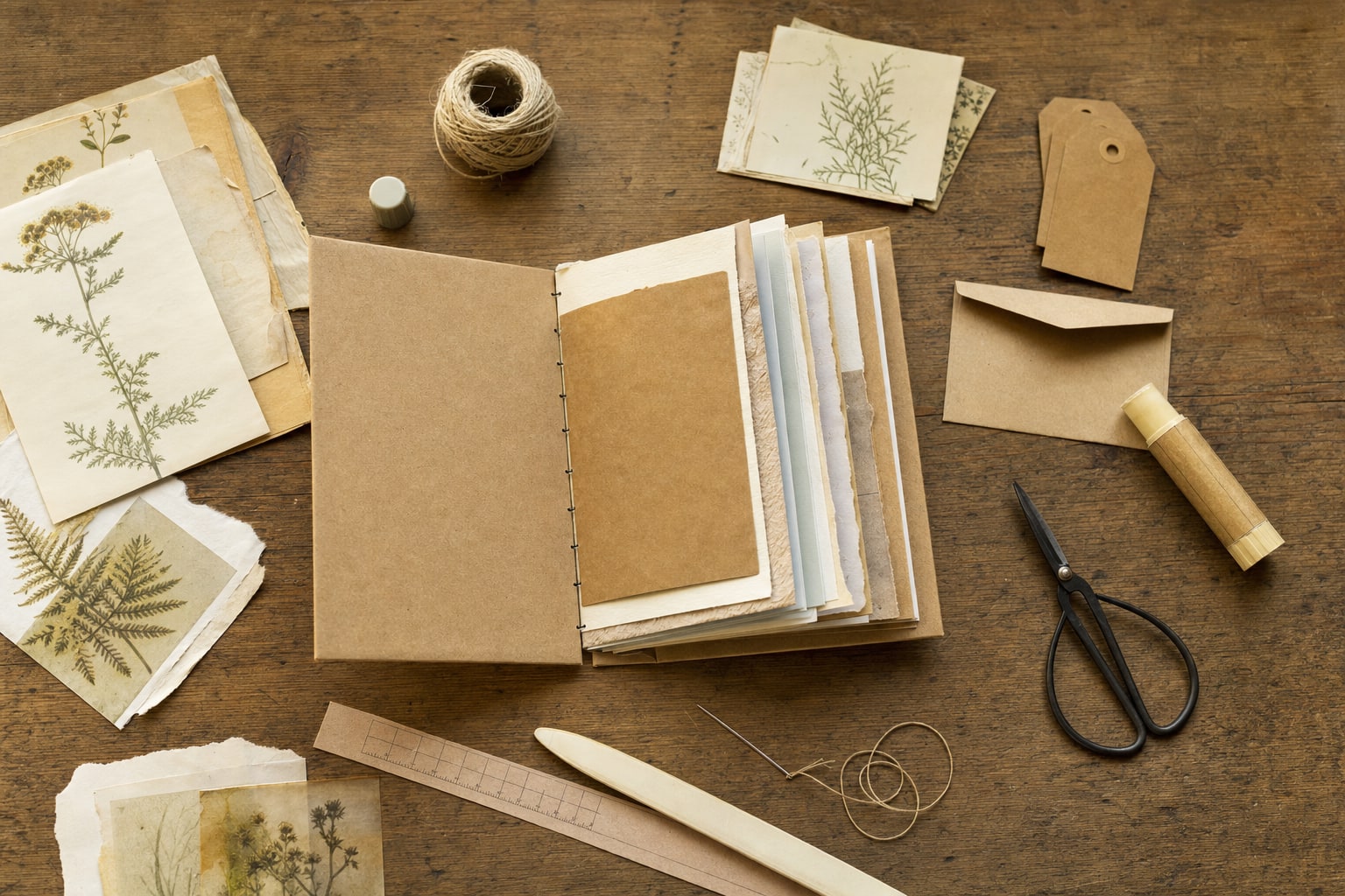 Partly assembled handmade junk journal with folded paper pages, thread, scissors, tags and botanical papers on a wood table
