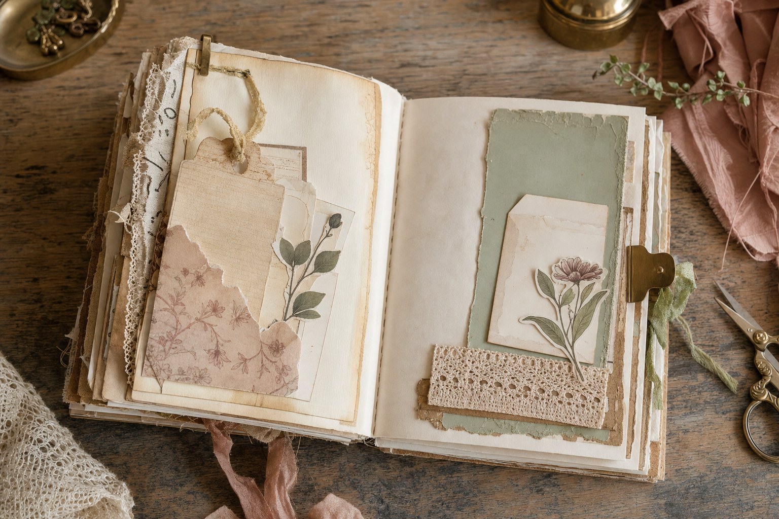 Open handmade junk journal with botanical paper layers, tags, lace and fabric trim