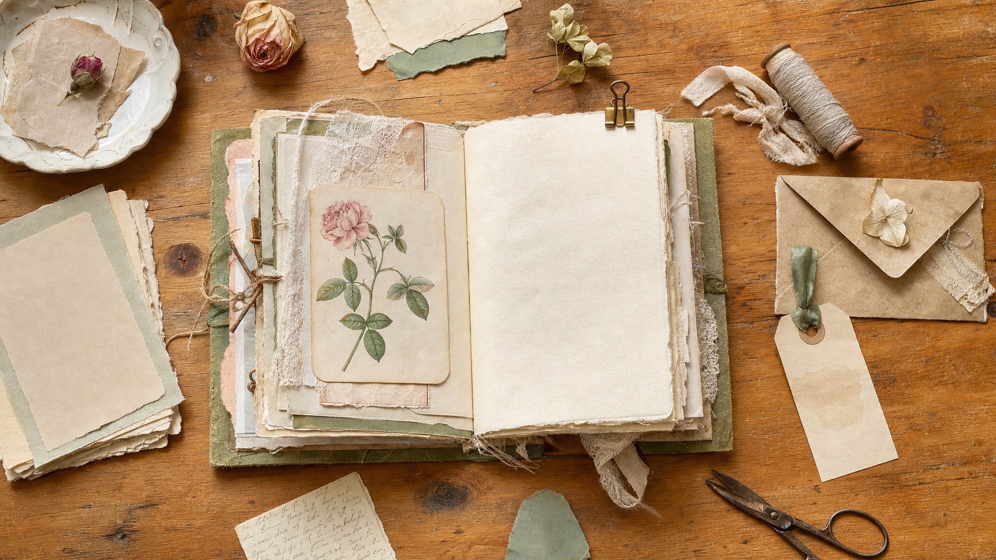 Open handmade journal with botanical card, paper scraps, envelope, tag and scissors on a wooden table