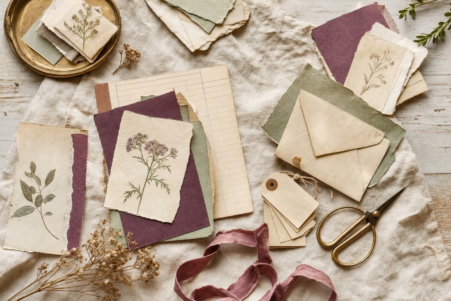Vintage-inspired paper scraps, botanical cards, envelopes, tags, ribbon and scissors arranged on linen