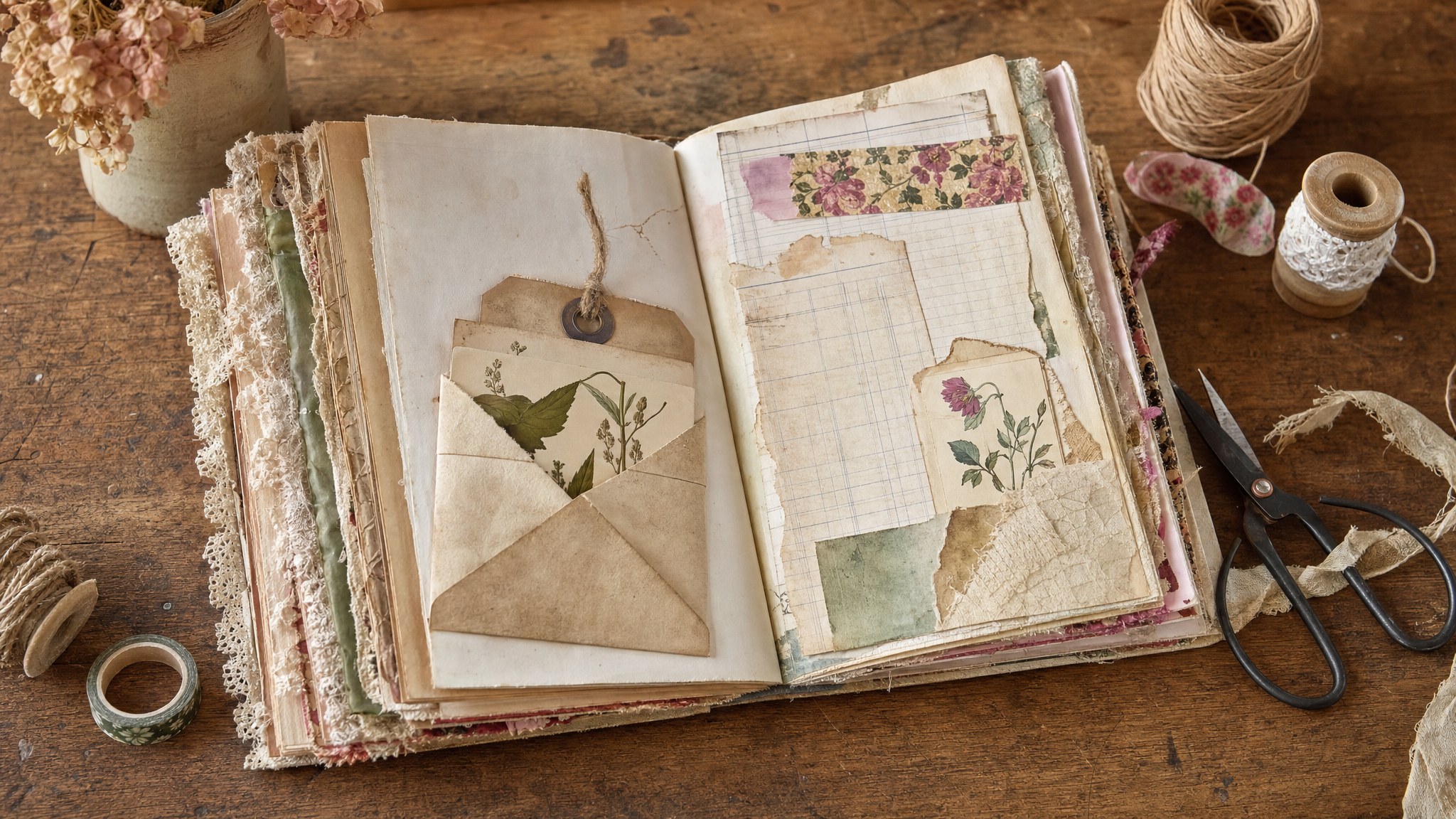 Open handmade junk journal with layered paper, botanical cards, fabric trim and scissors on a wood table