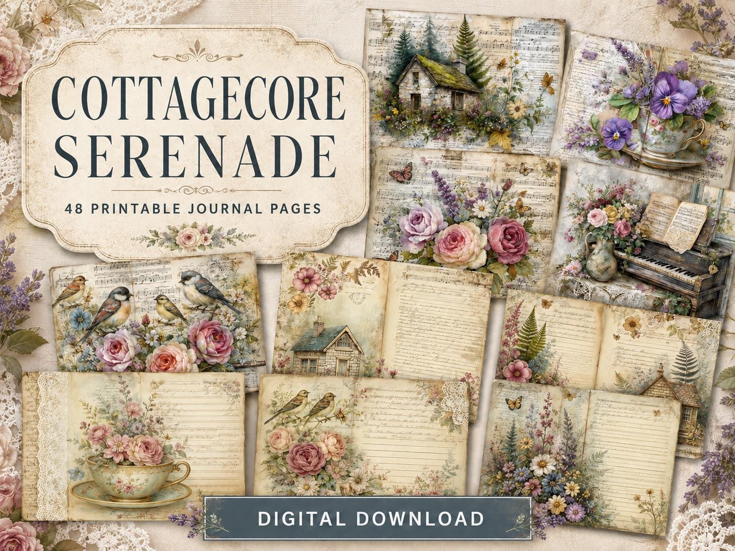 Cottagecore Serenade Junk Journal Pages printable kit cover