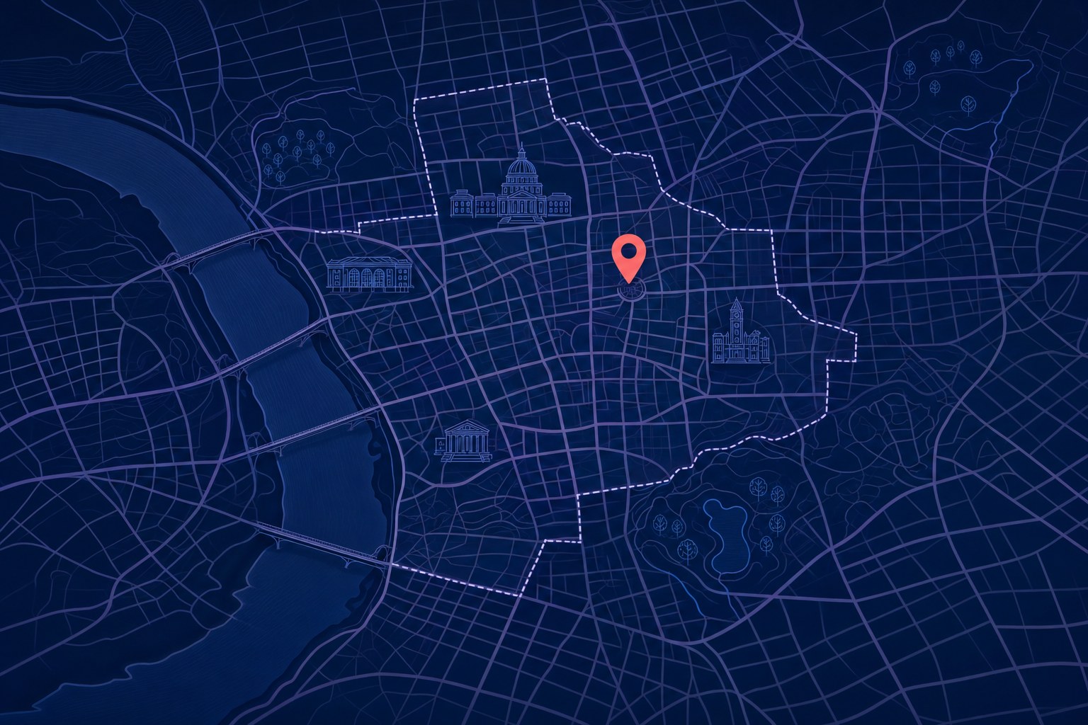Abstract civic map with a coral location pin