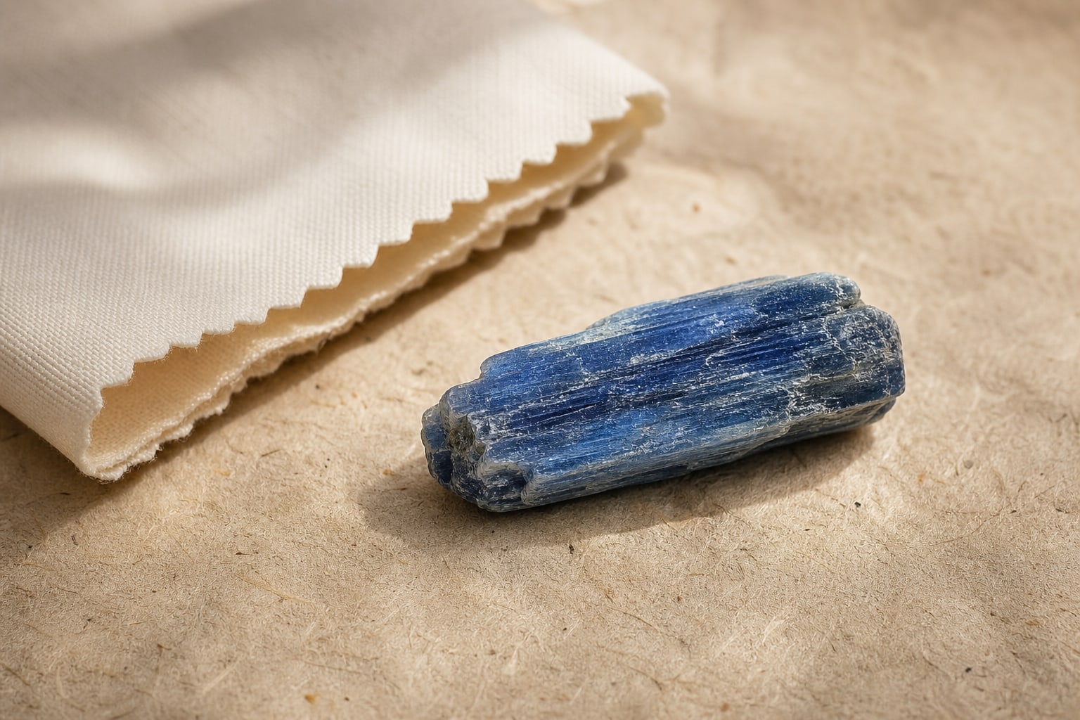 Blue kyanite crystal beside a soft ivory jewelry cloth