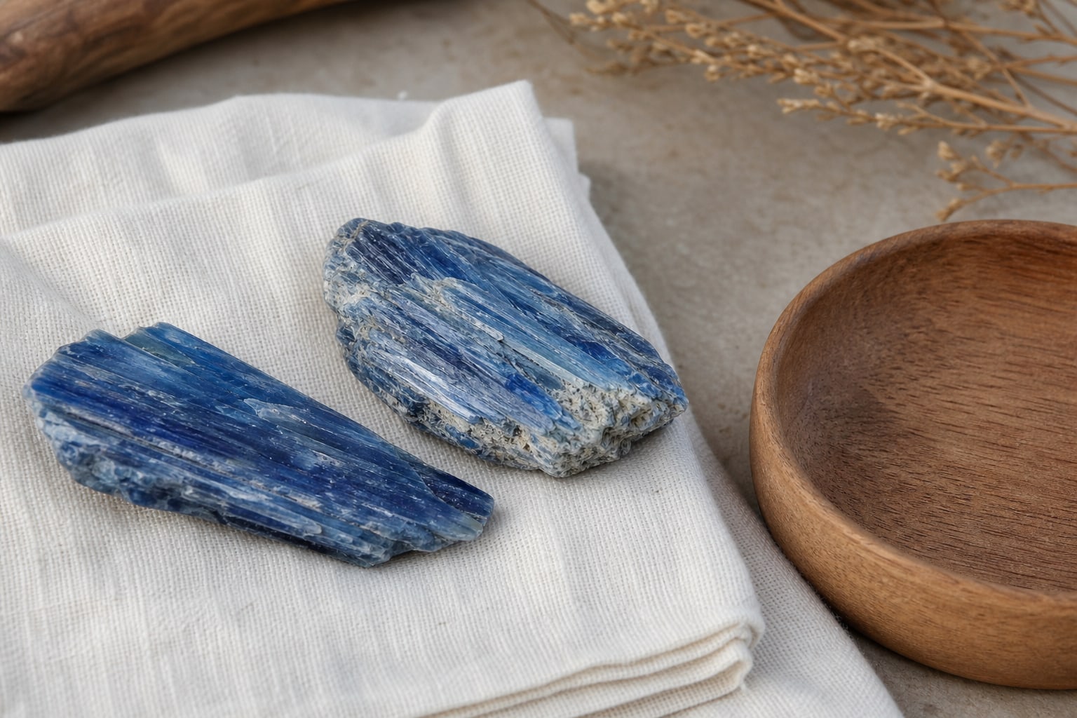 Blue kyanite crystals resting on a dry cloth beside a wooden jewelry dish