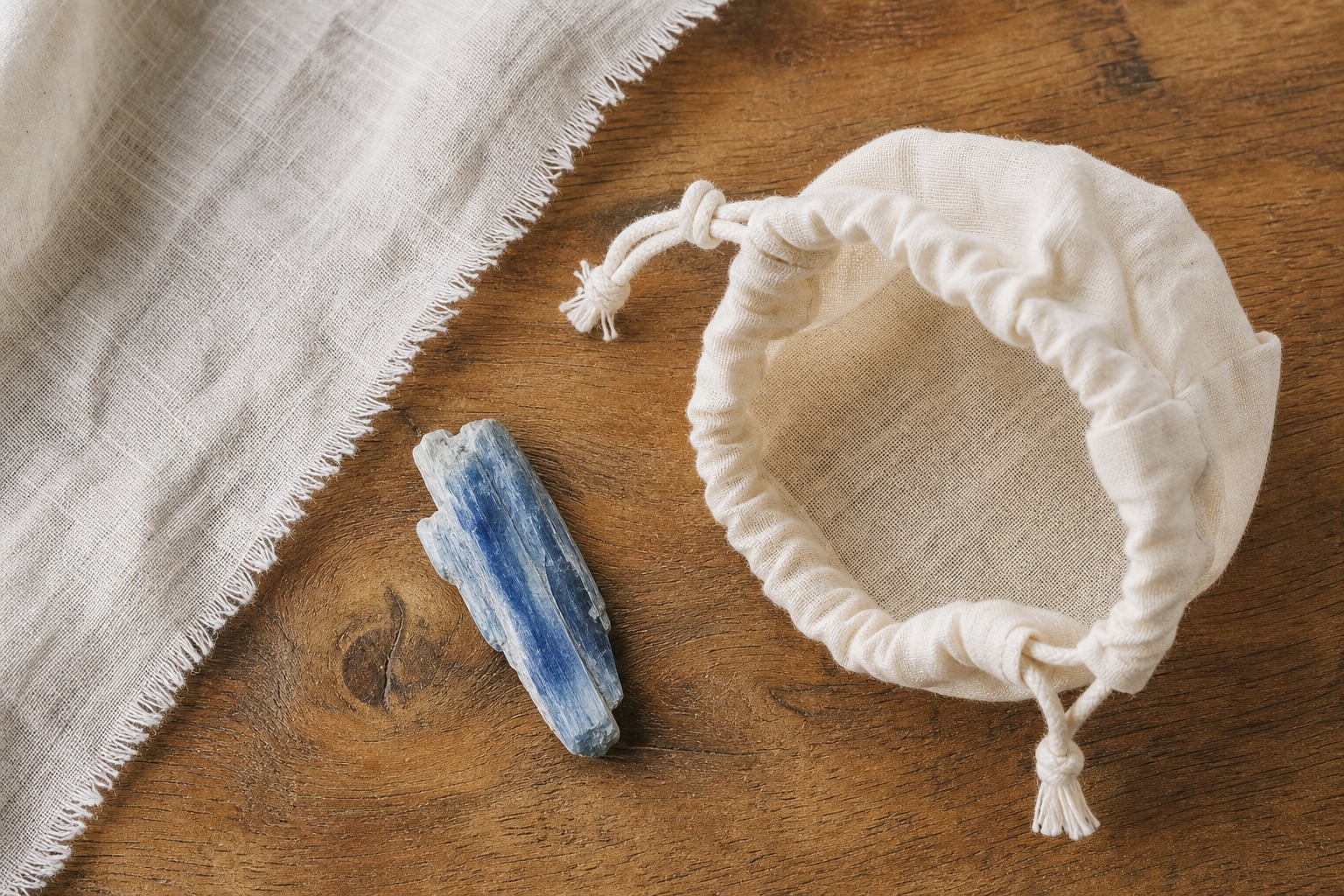Soft jewelry pouch and blue kyanite crystal on a warm wood surface