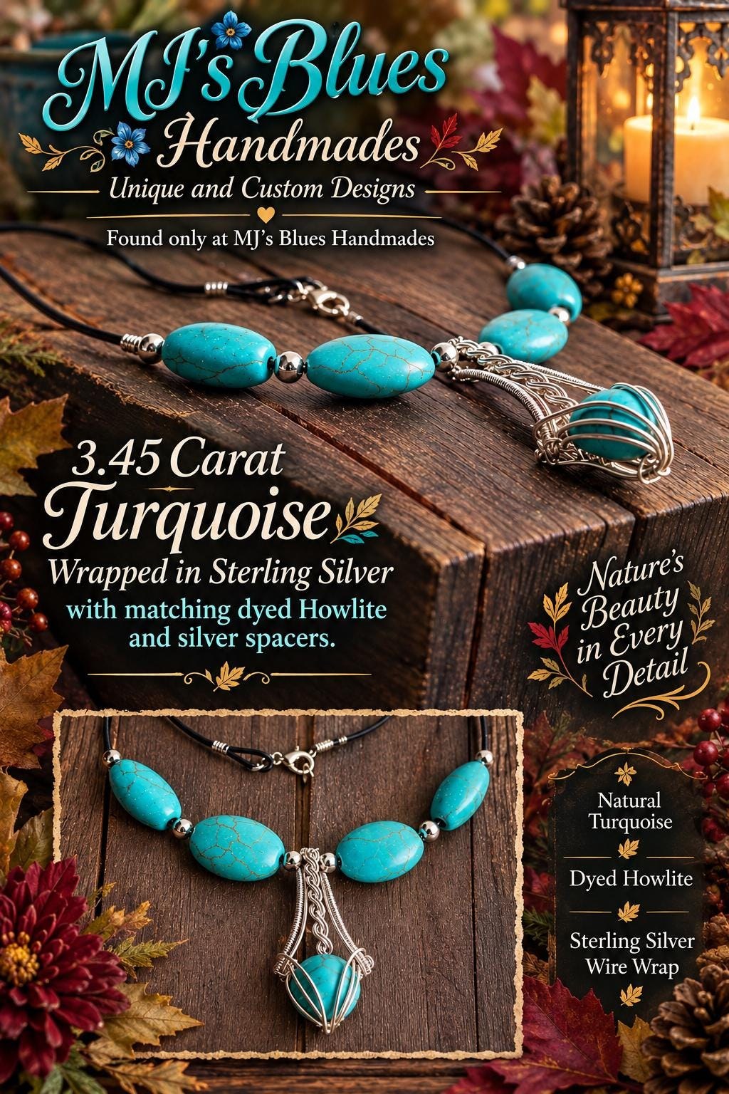 3.45 Carat Turquoise Necklace, Sterling Silver Wire Wrapped Pendant, Dyed Howlite Beads, Handmade Boho Jewelry, Autumn Gift