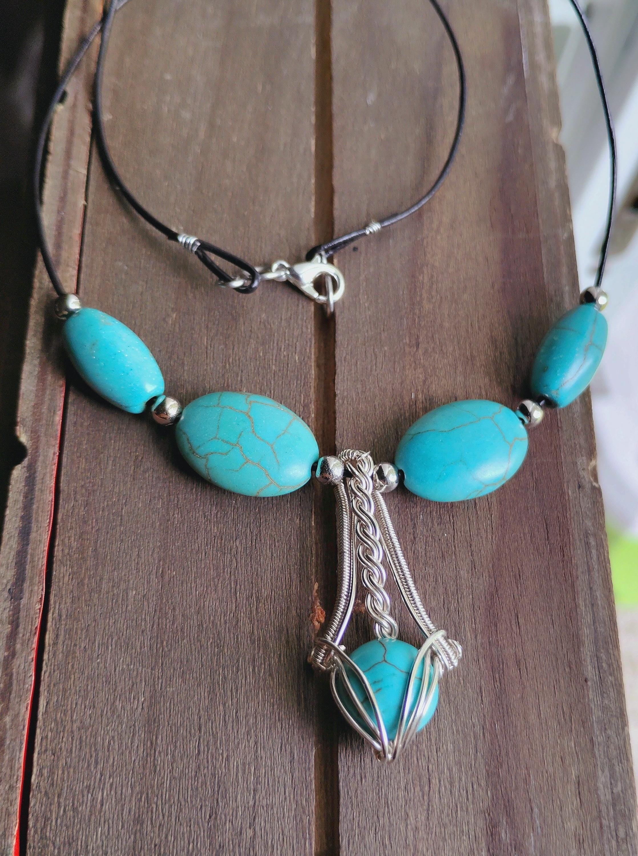 3.45 Carat Turquoise Necklace, Sterling Silver Wire Wrapped Pendant, Dyed Howlite Beads, Handmade Boho Jewelry, Autumn Gift, view 2