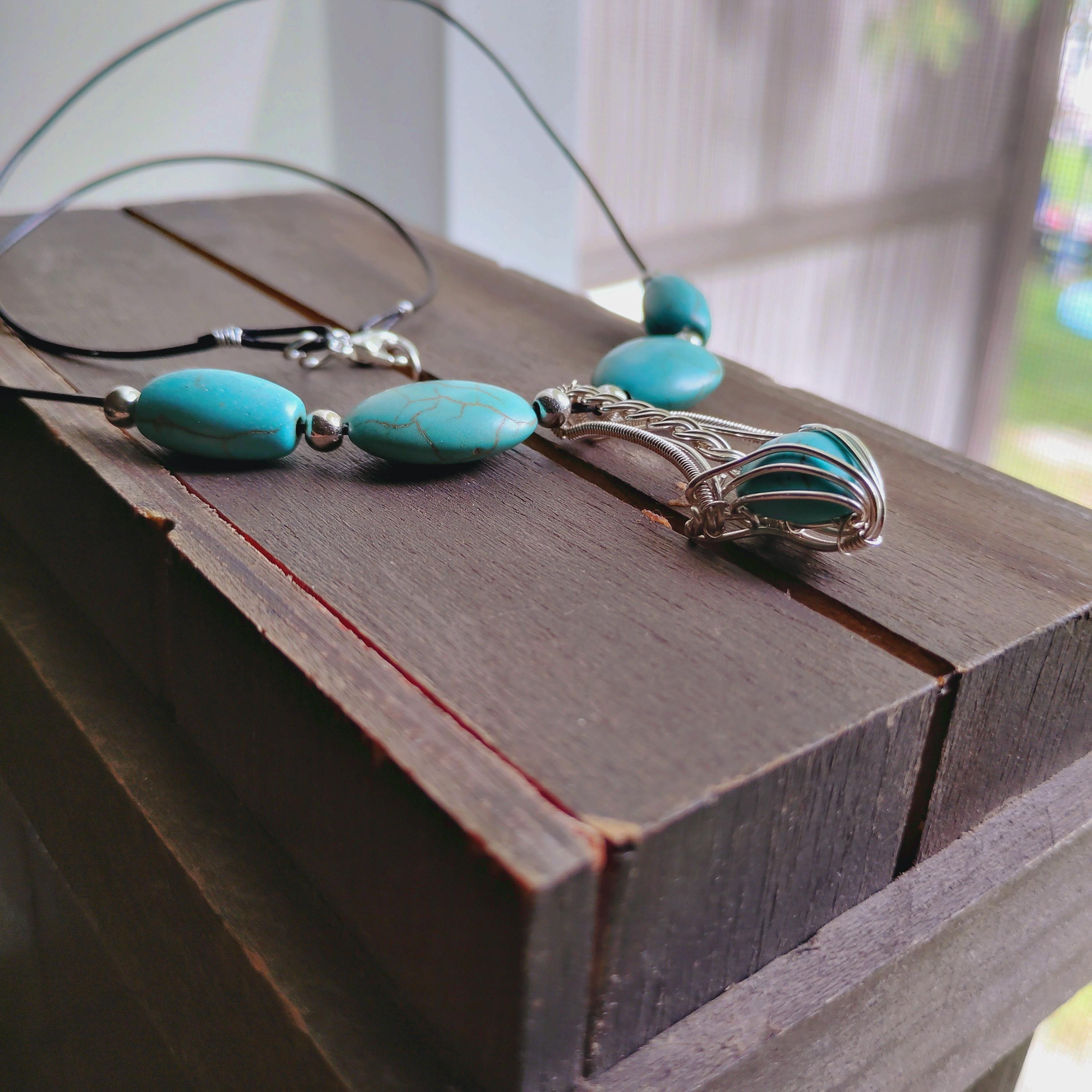 3.45 Carat Turquoise Necklace, Sterling Silver Wire Wrapped Pendant, Dyed Howlite Beads, Handmade Boho Jewelry, Autumn Gift, view 3