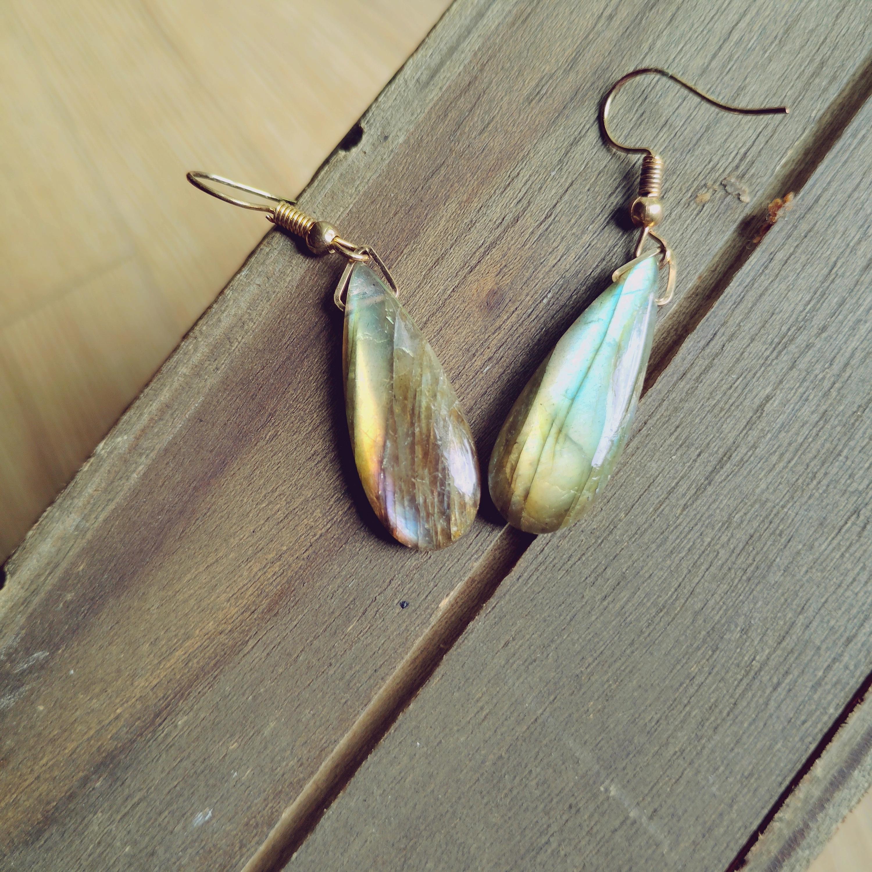 Labradorite Teardrop Earrings, Gold Dangle Earrings, Blue Flash Gemstone Drop Earrings, Handmade Boho Jewelry Gift for Her