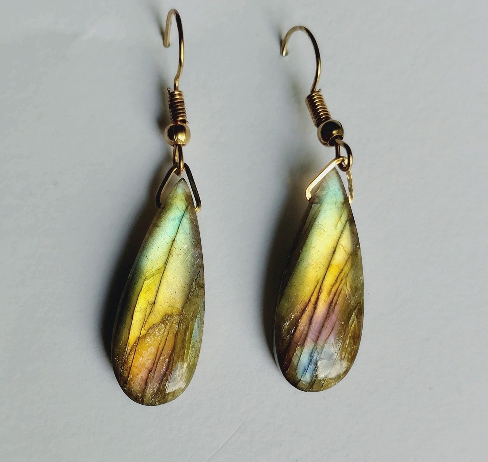 Labradorite Teardrop Earrings, Gold Dangle Earrings, Blue Flash Gemstone Drop Earrings, Handmade Boho Jewelry Gift for Her, view 2