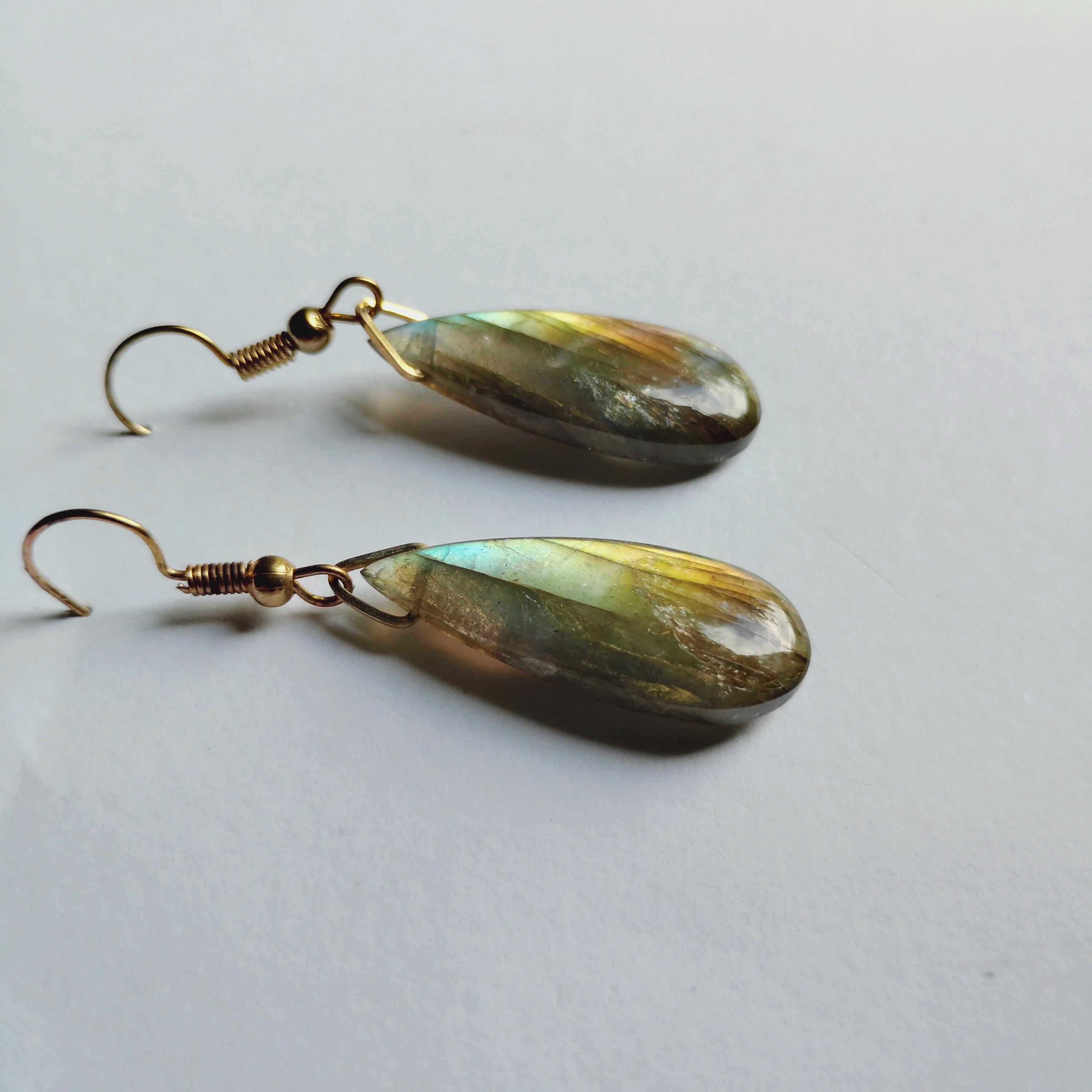 Labradorite Teardrop Earrings, Gold Dangle Earrings, Blue Flash Gemstone Drop Earrings, Handmade Boho Jewelry Gift for Her, view 3