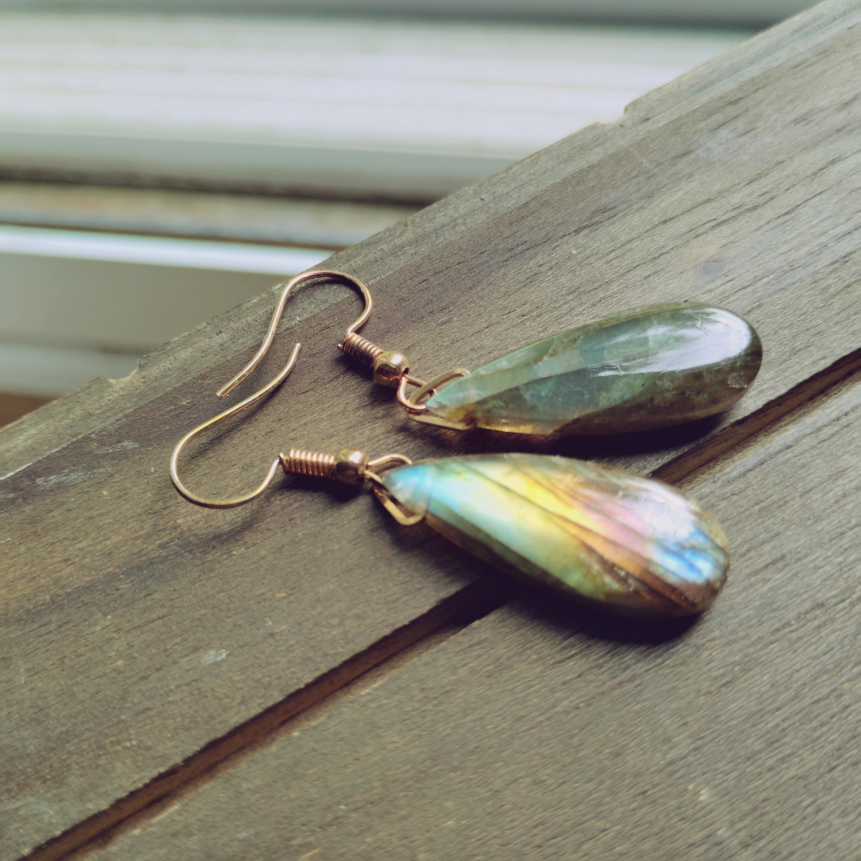 Labradorite Teardrop Earrings, Gold Dangle Earrings, Blue Flash Gemstone Drop Earrings, Handmade Boho Jewelry Gift for Her, view 4
