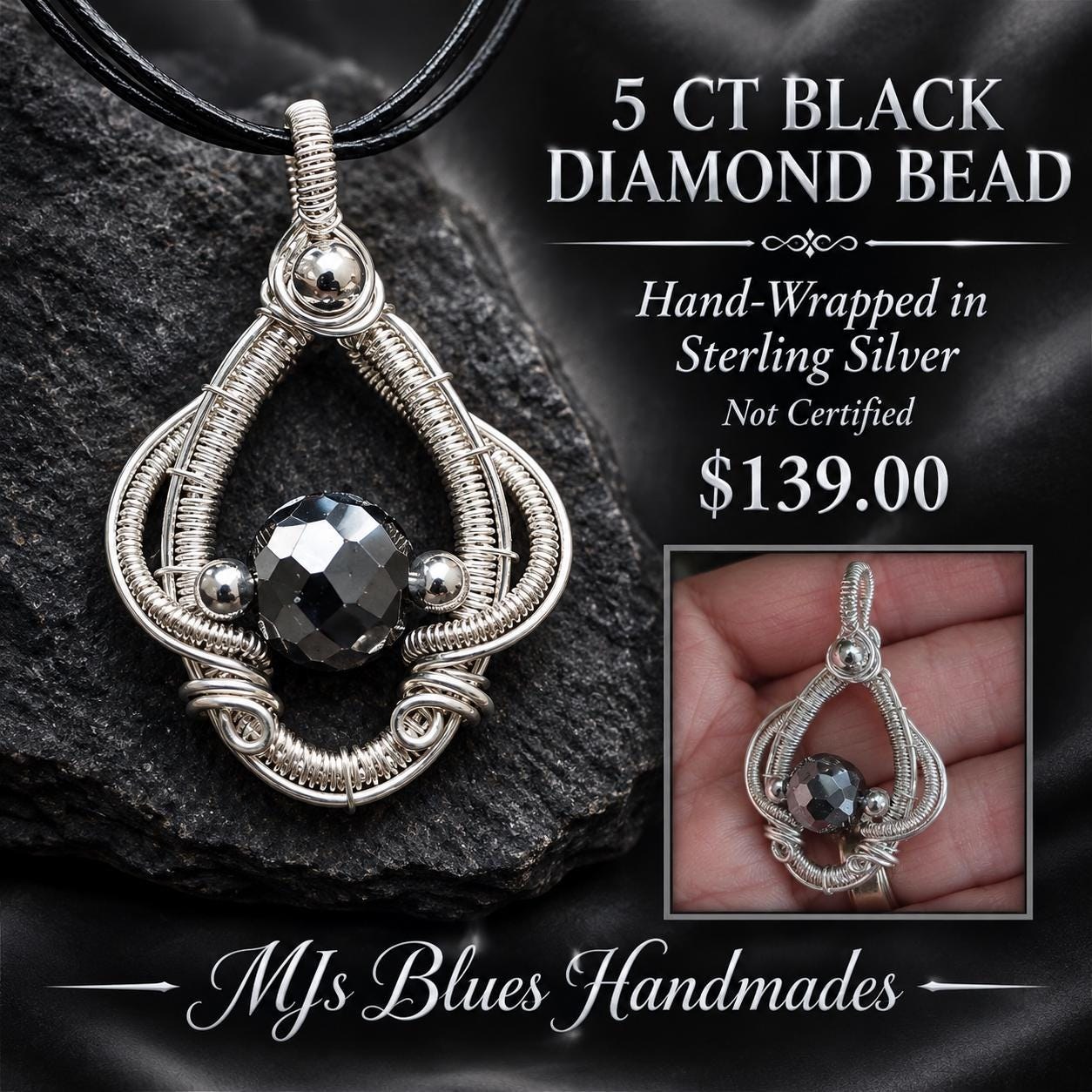 5 ct Black Diamond Pendant Bead, Sterling Silver Wire Wrapped Necklace, Handmade Gemstone Jewelry, Leather Cord