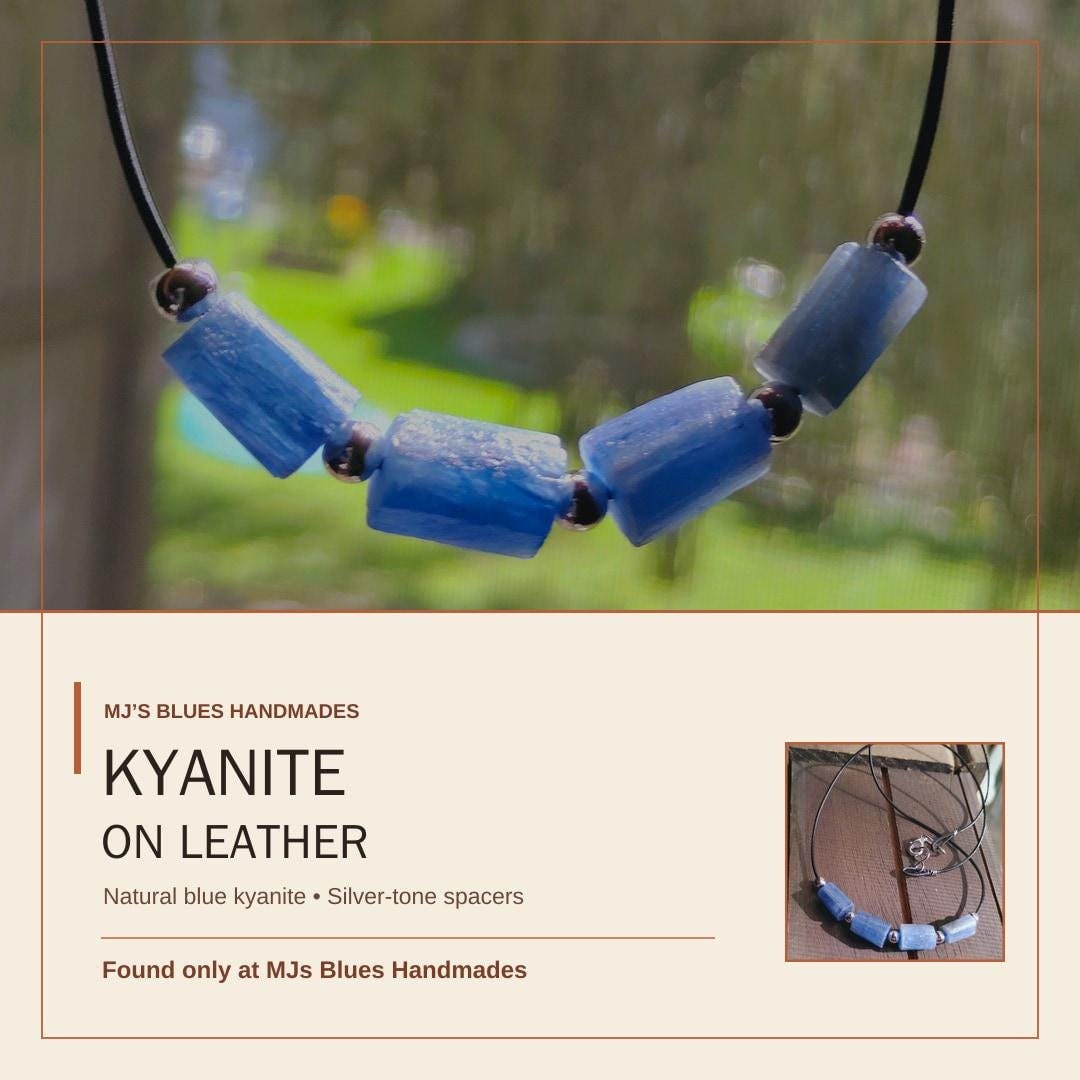Blue Kyanite Leather Necklace with Silver-Tone Spacers, Handmade Natural Stone Jewelry
