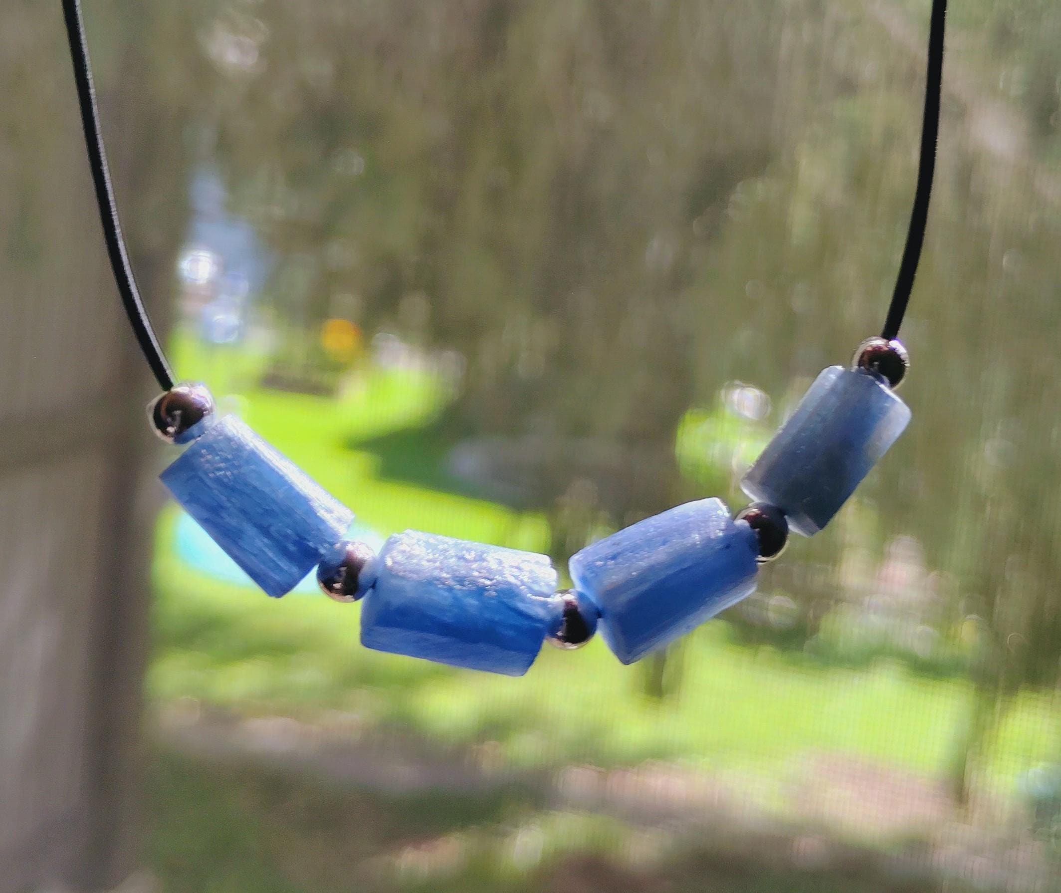 Blue Kyanite Leather Necklace with Silver-Tone Spacers, Handmade Natural Stone Jewelry, view 2