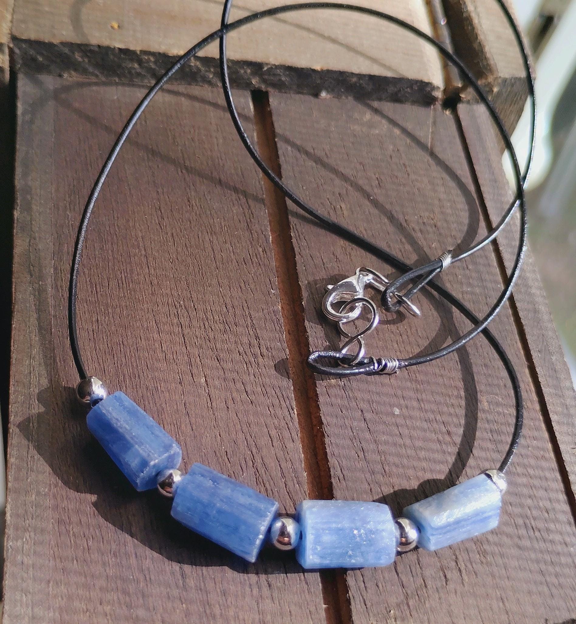Blue Kyanite Leather Necklace with Silver-Tone Spacers, Handmade Natural Stone Jewelry, view 3