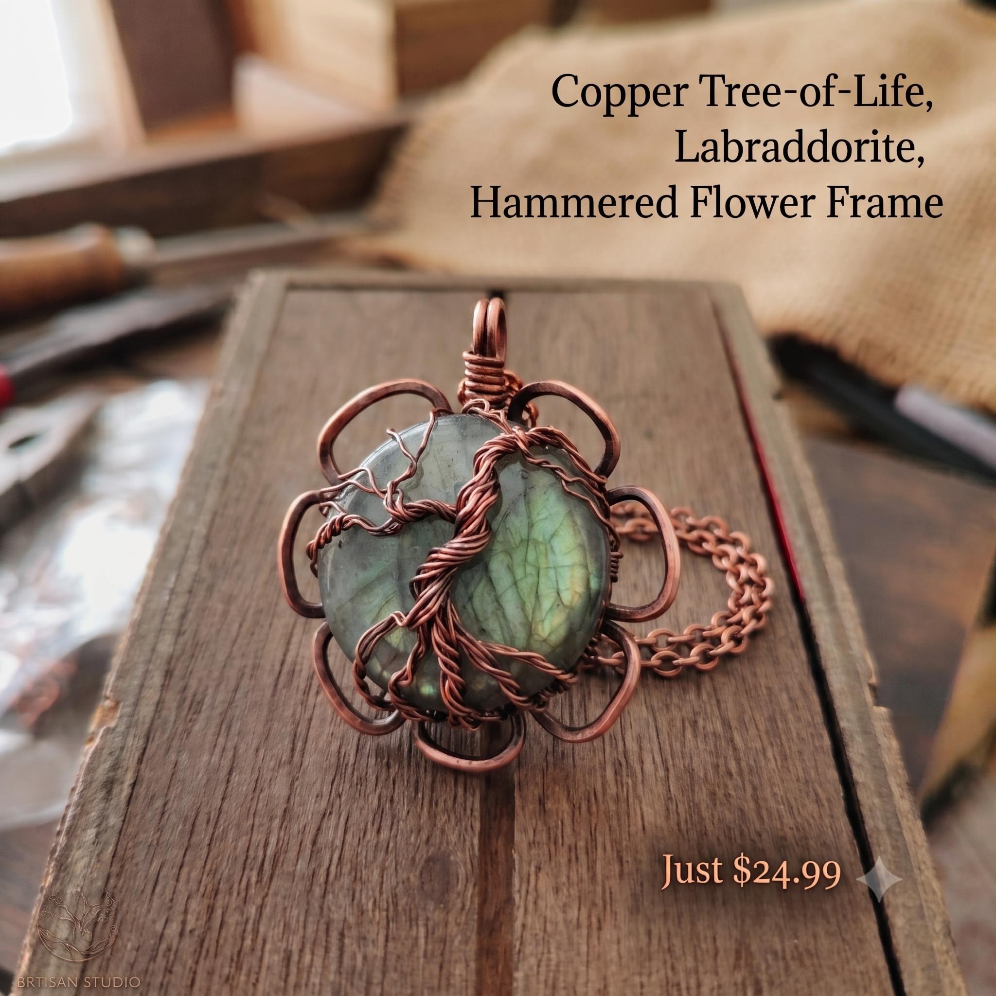 Handcrafted Copper Tree of Life Labradorite Pendant with Hammered Flower Frame