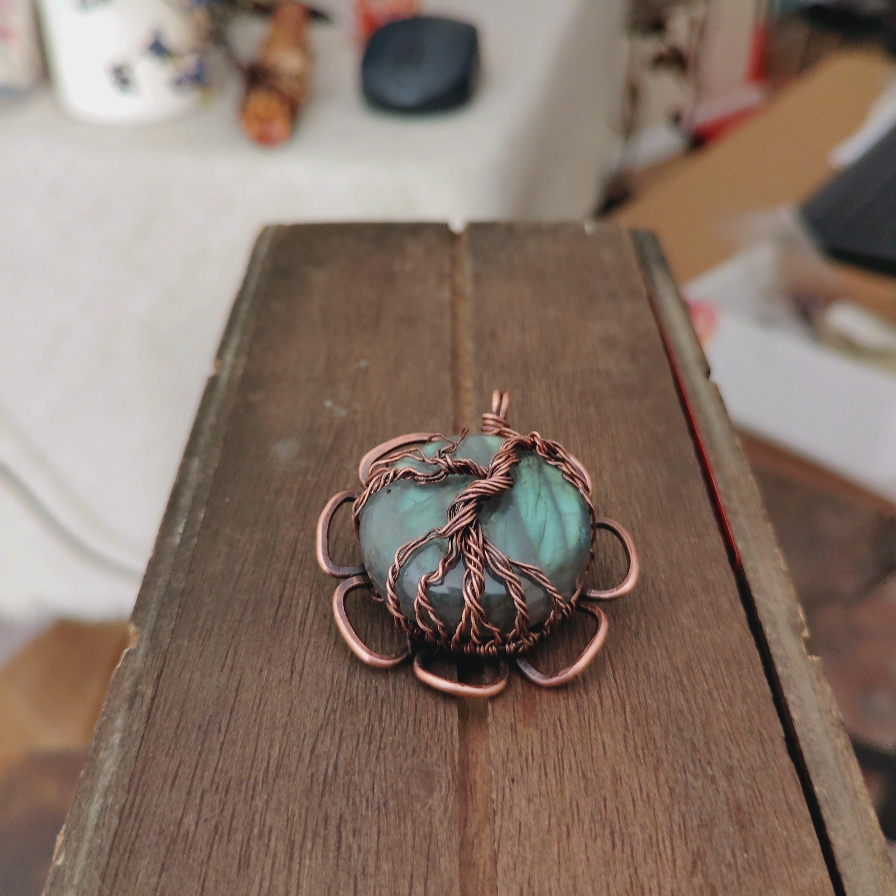 Handcrafted Copper Tree of Life Labradorite Pendant with Hammered Flower Frame, view 2