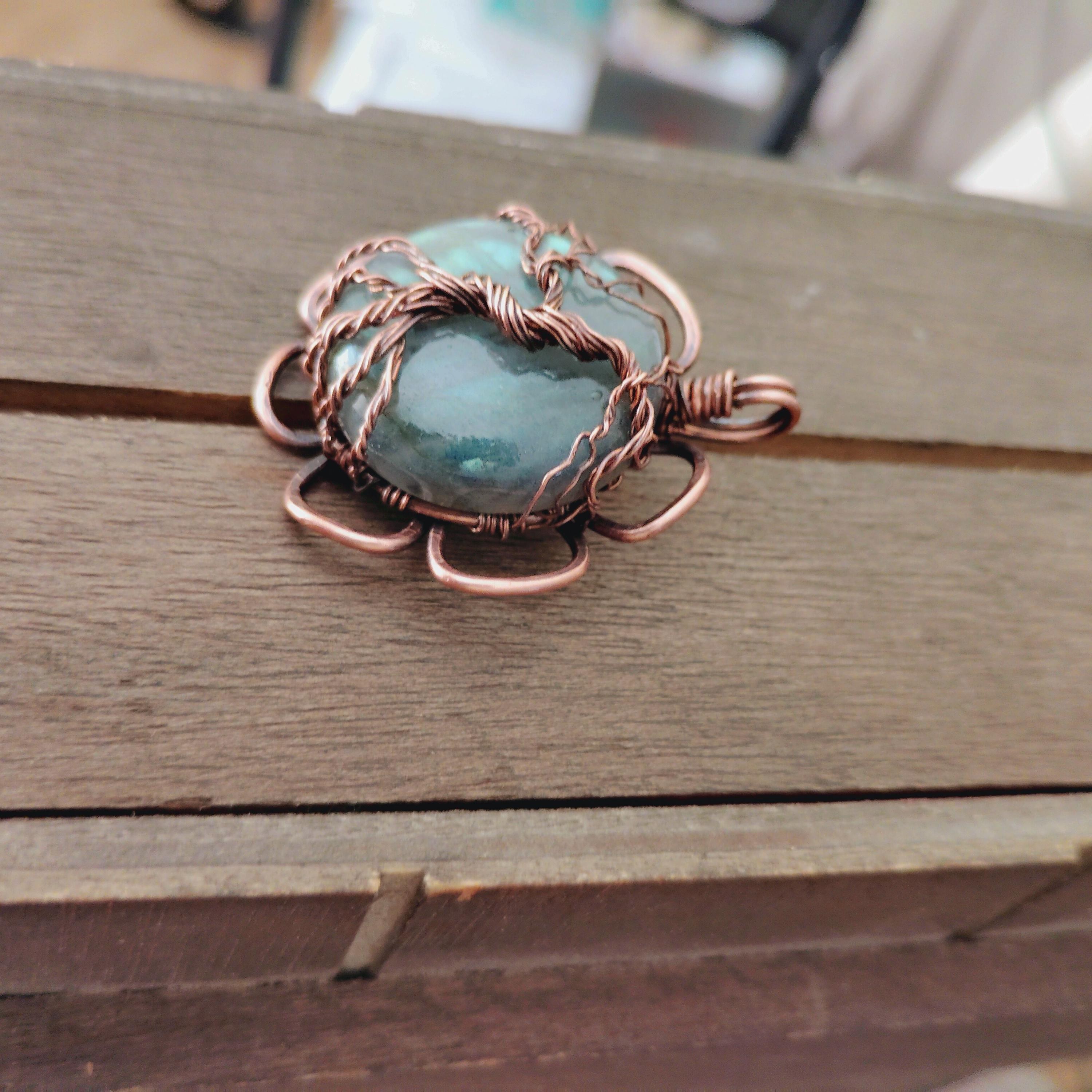 Handcrafted Copper Tree of Life Labradorite Pendant with Hammered Flower Frame, view 3