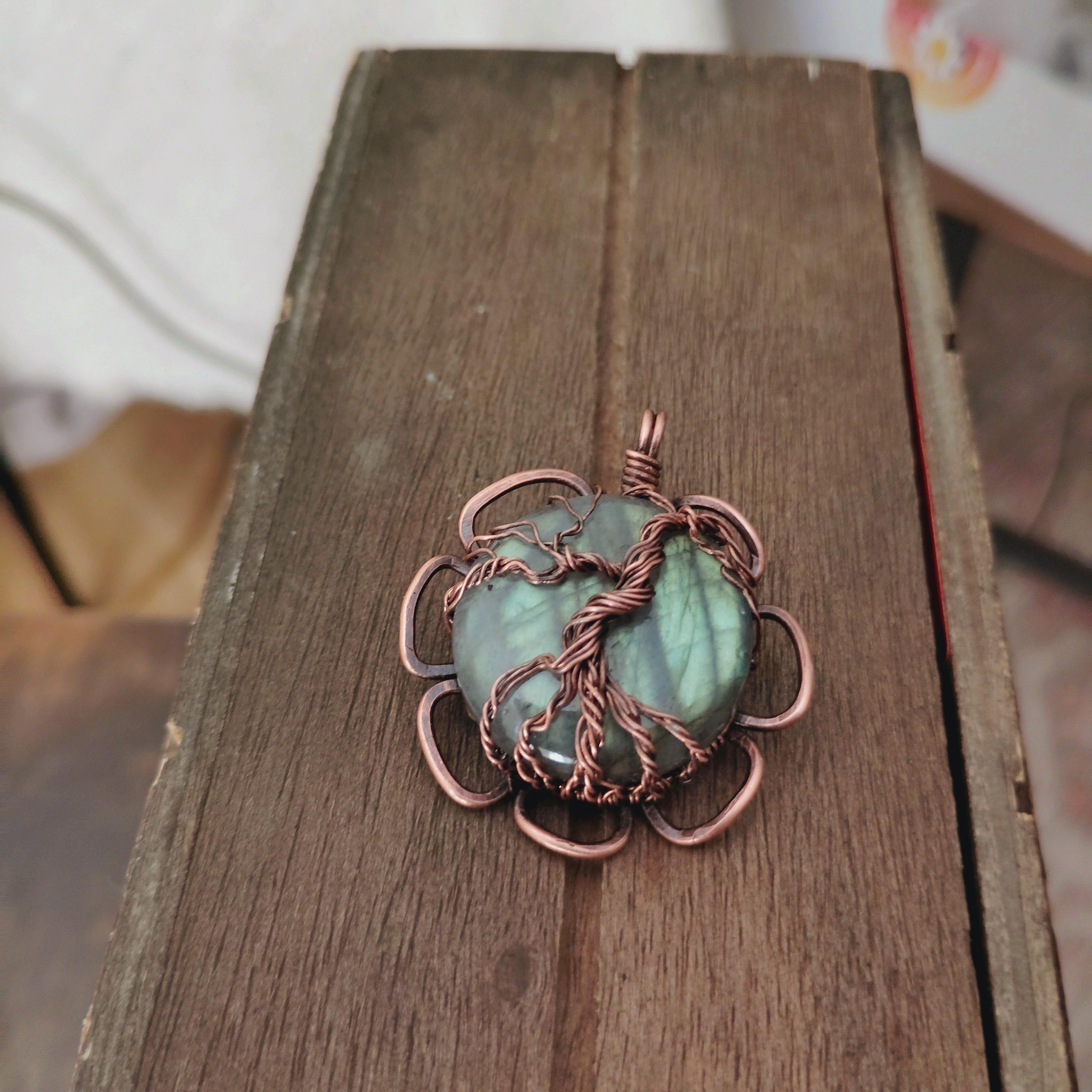 Handcrafted Copper Tree of Life Labradorite Pendant with Hammered Flower Frame, view 4
