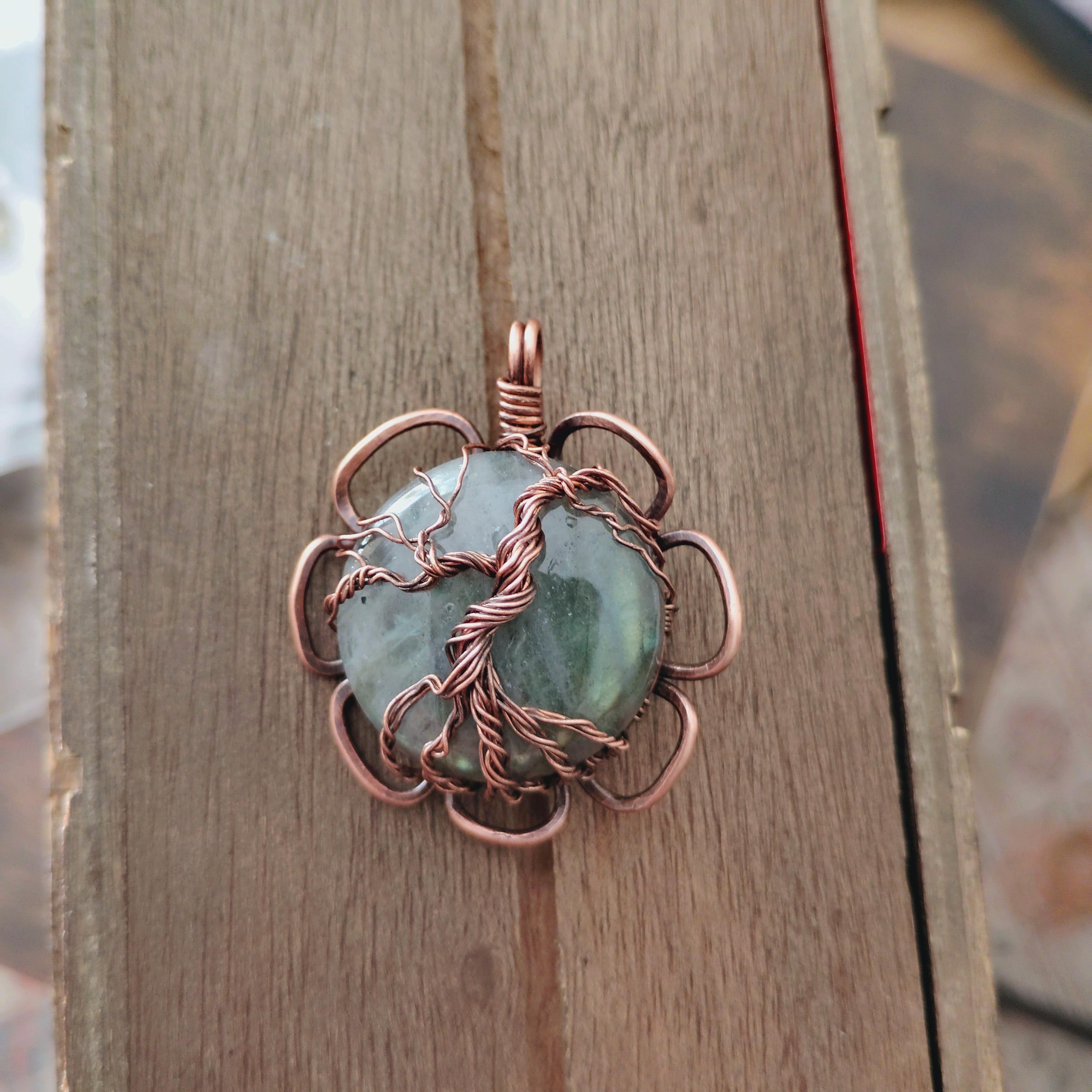 Handcrafted Copper Tree of Life Labradorite Pendant with Hammered Flower Frame, view 5