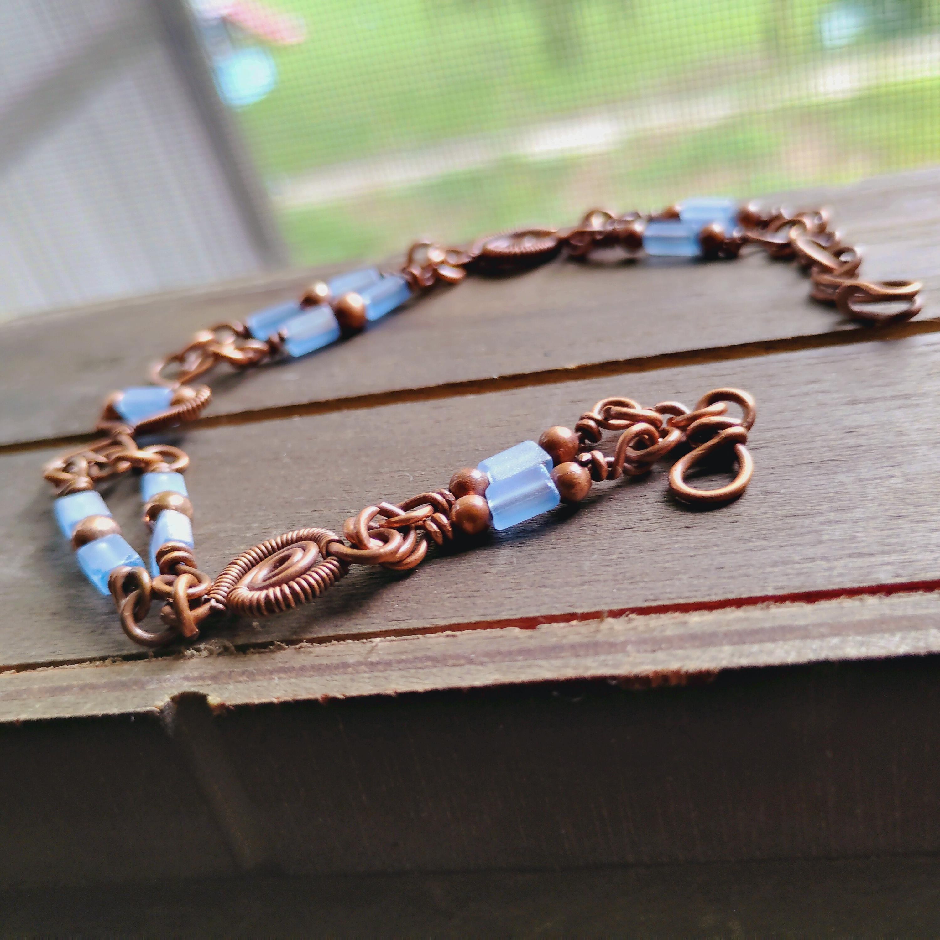 Handmade Blue Coral and Copper Bracelet, size 8.