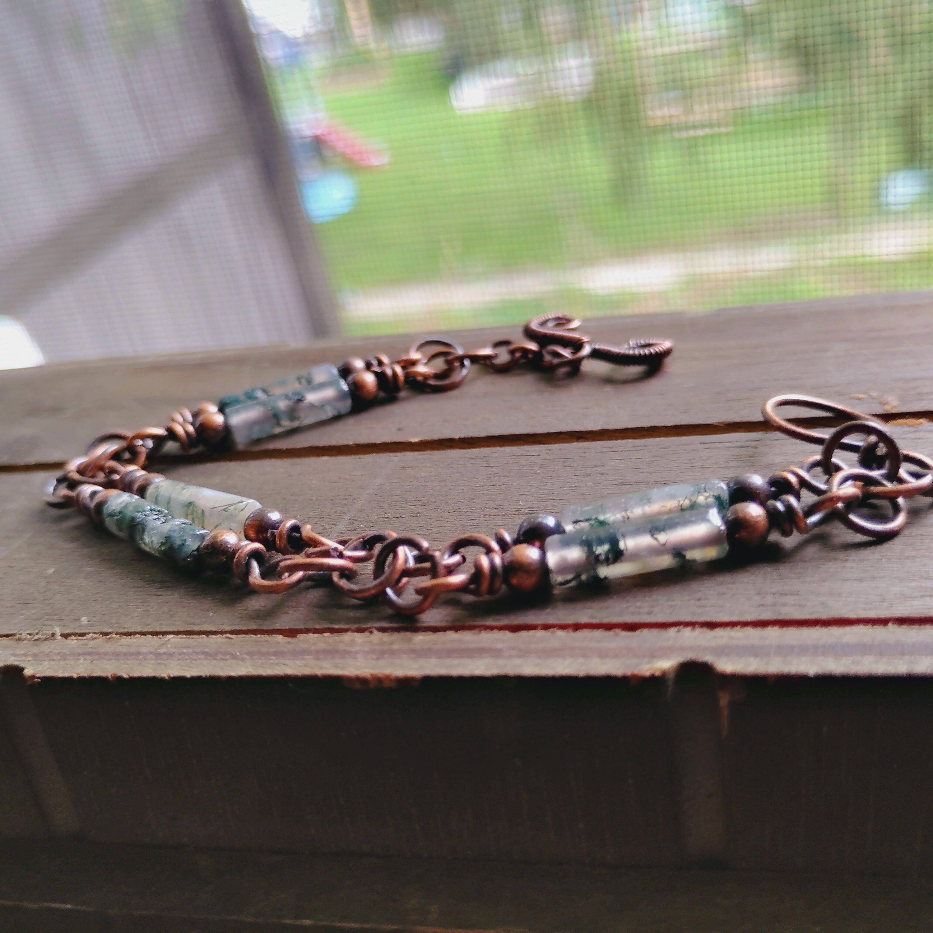 Handmade Green Agate and Oxidized Copper Bracelet