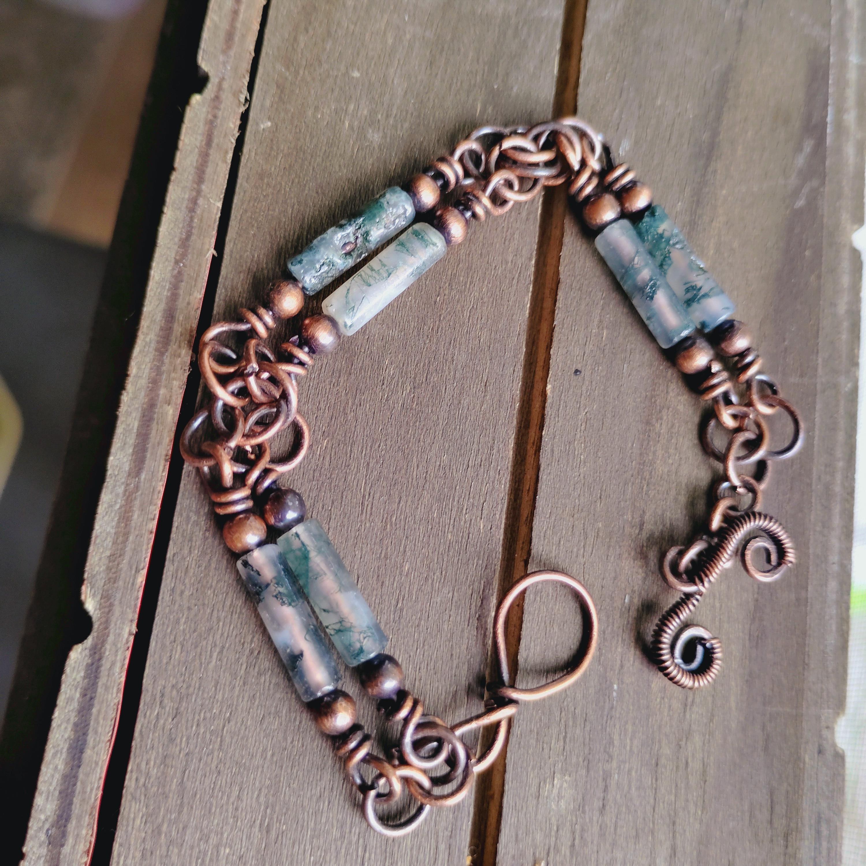 Handmade Green Agate and Oxidized Copper Bracelet, view 2
